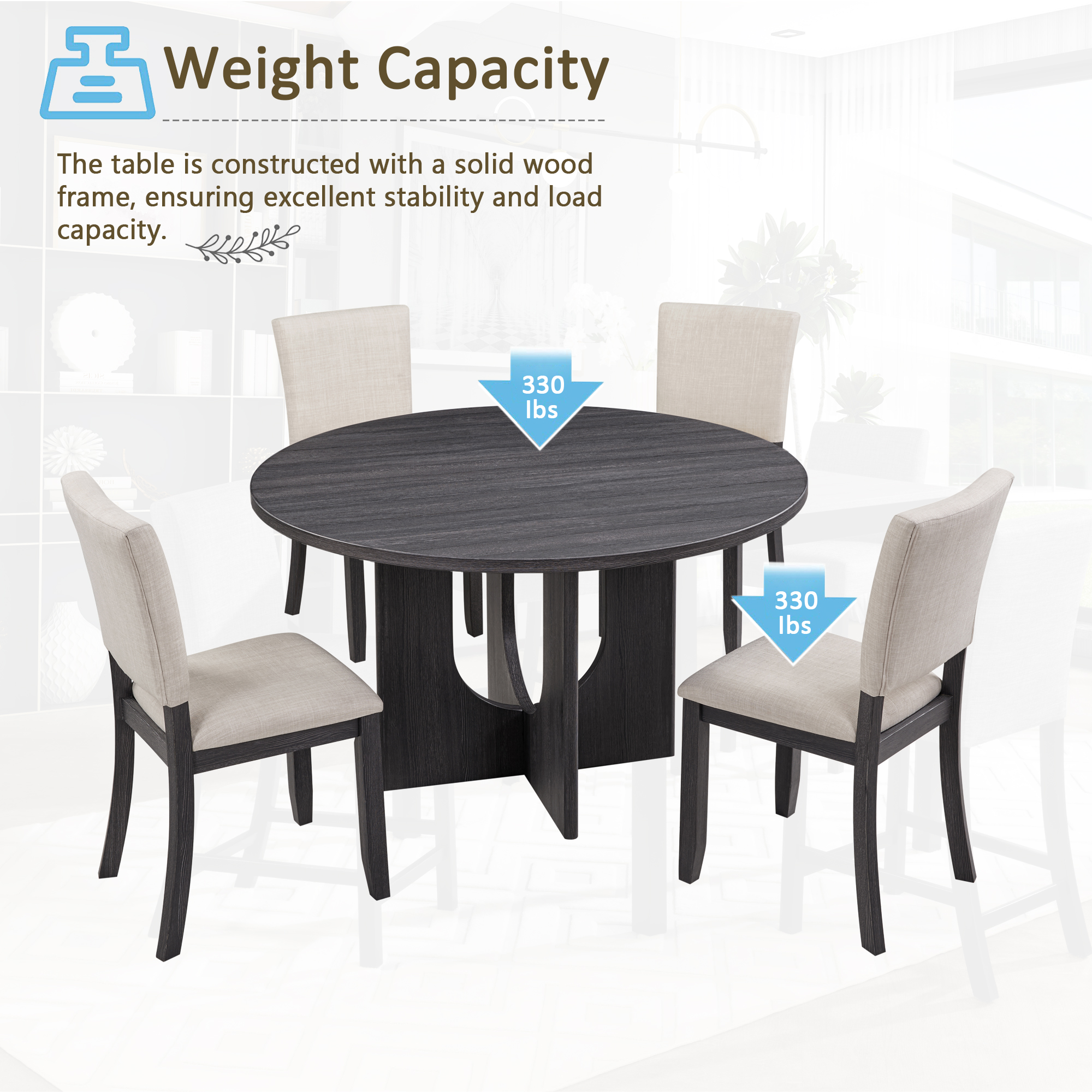 47.3" Round Dining Set with 4  Upholstered Dining Chairs, Modern Round Dining Table Set for 4, 5-Piece Round Dining Table Set for Living Room, Kitchen, Antique Black & Beige — foto 3