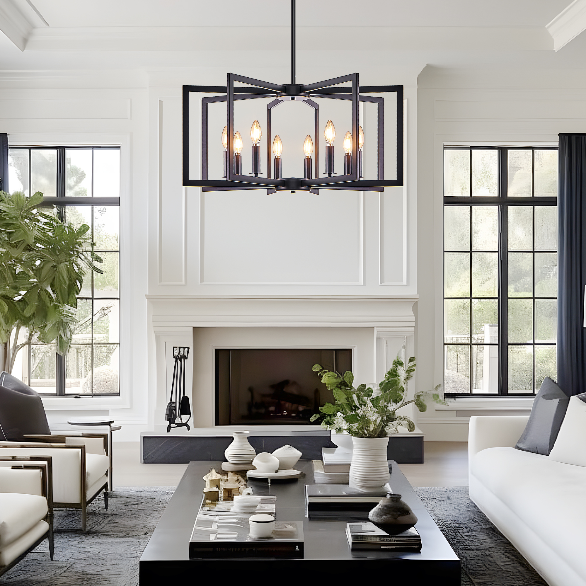 27" Modern Black Geometric 8-Light Chandelier – Industrial Metal Pendant Light Fixture for Living Room, Dining Room, or Kitchen (Bulb Not Included)
