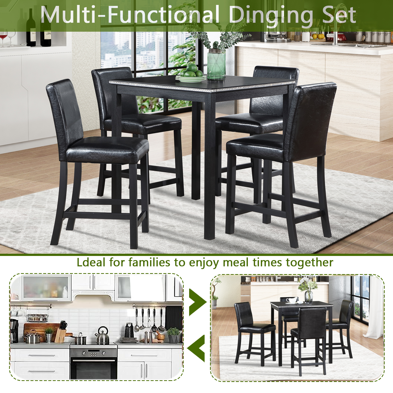 5 Piece Counter Height Table Set, Wooden Kitchen Table Set with Square Table and 4 Upholstered Chairs, Counter Height Dining Table with Crystal Decoration and Chair Set for Kitchen, Dining Room,Black — foto 6