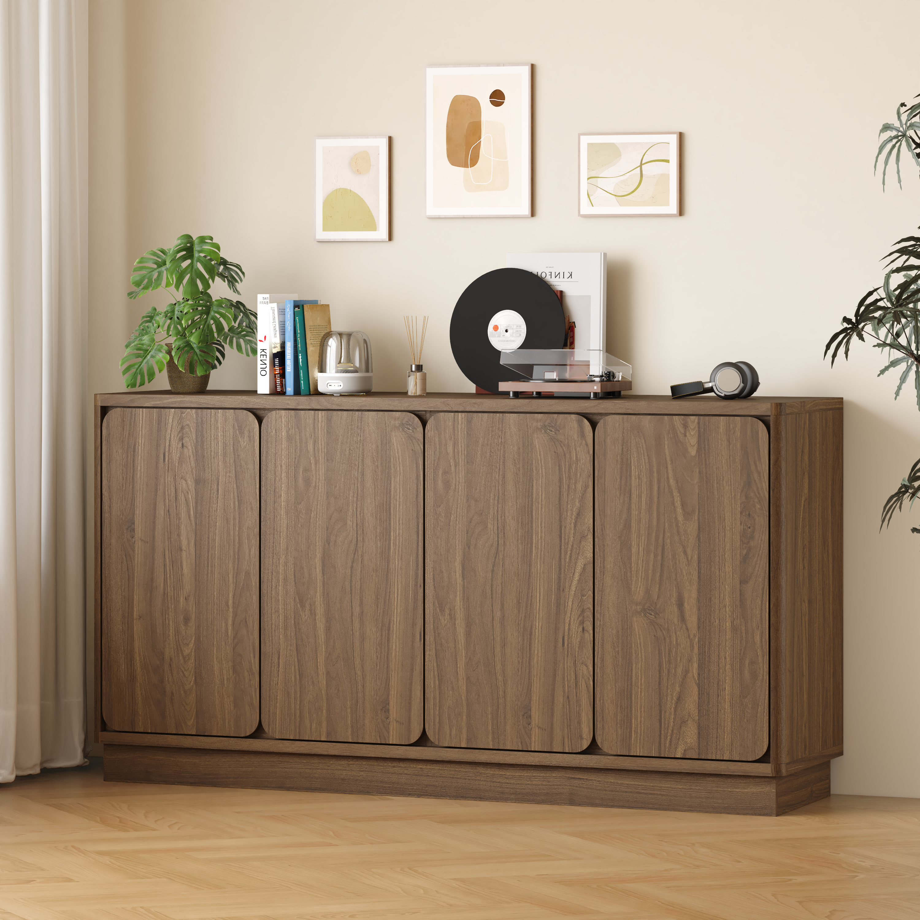 Walnut 4-Door Sideboard Buffet, picture 2 of 5