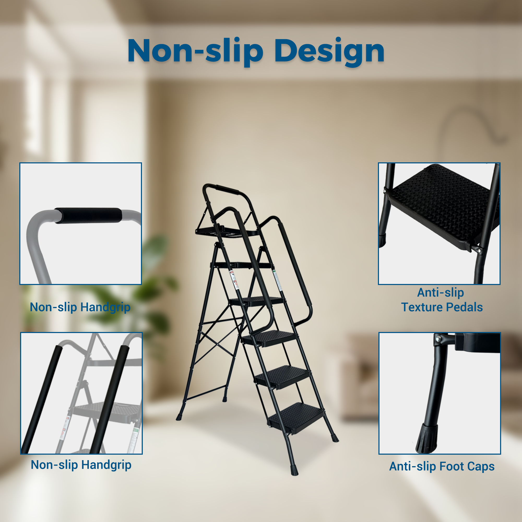 Step Ladder, Folding Step Stool with Wide Anti-Slip Pedal, Sturdy Steel Ladder, Convenient Handrail, Lightweight, Portable Steel Step Stool — foto 2