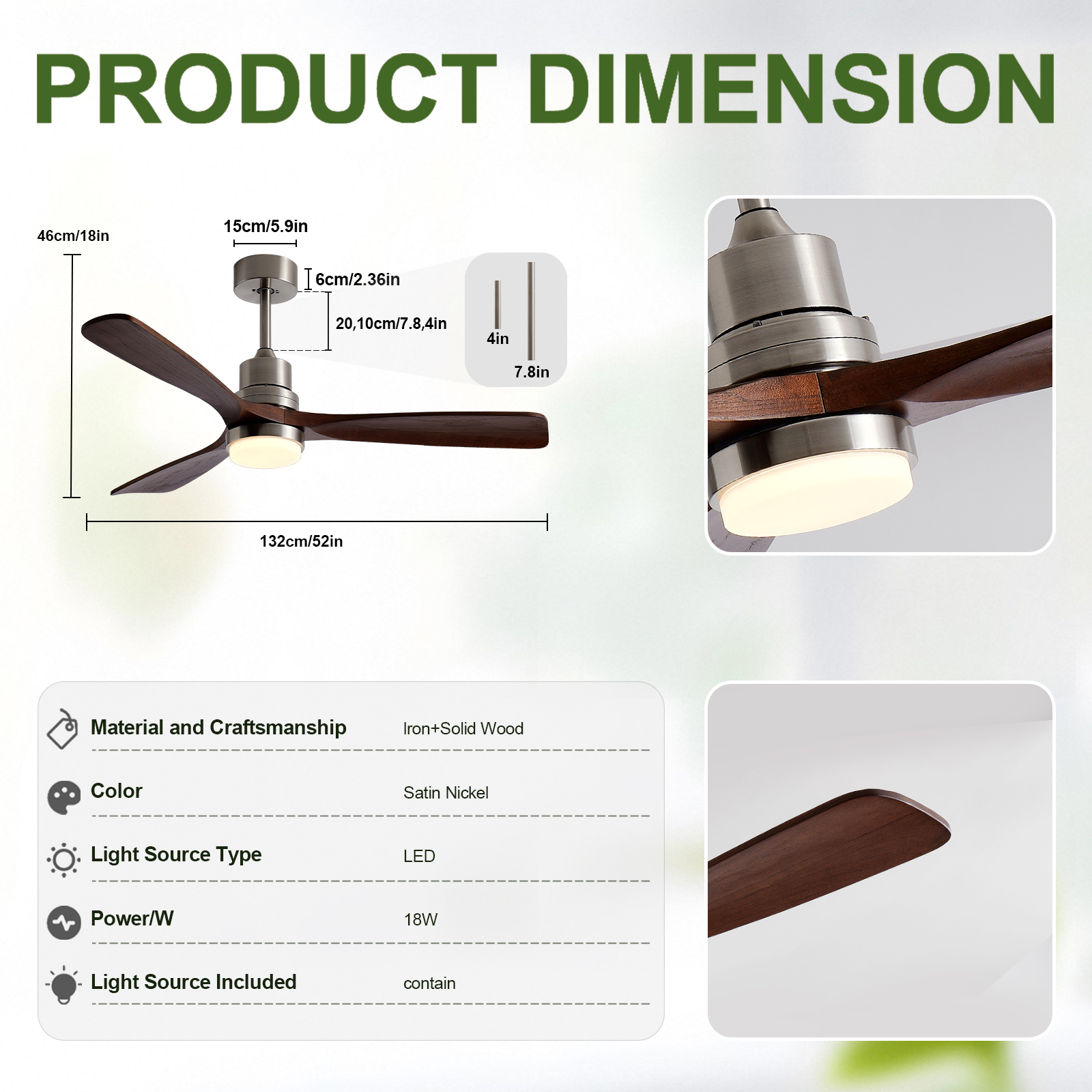 52 Inch Brushed Nickel Ceiling Fans with Lights and Remote Control, Modern Ceiling Fan Light, 3 Blades, 6 Speed DC Motor, Indoor Outdoor Ceiling Fan for Farmhouse,Bedroom 3