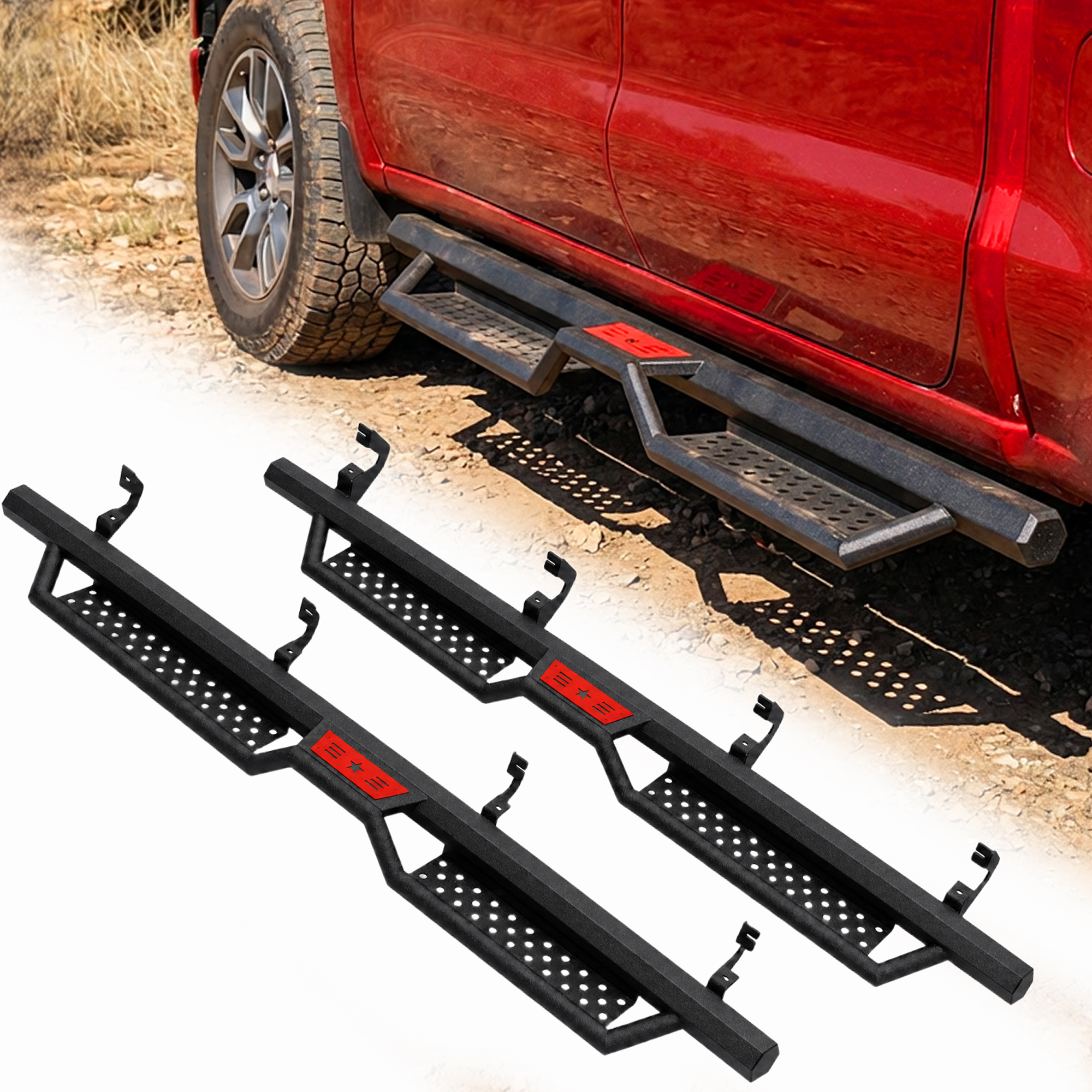 6" Running Boards For 2019-2026 Chevy Silverado 1500 Crew Cab, 2020-2026 Silverado/Sierra 2500HD 3500HD Crew Cab, Two Stairs Design Nerf Bars Step Bars Hexagonal style — foto 4