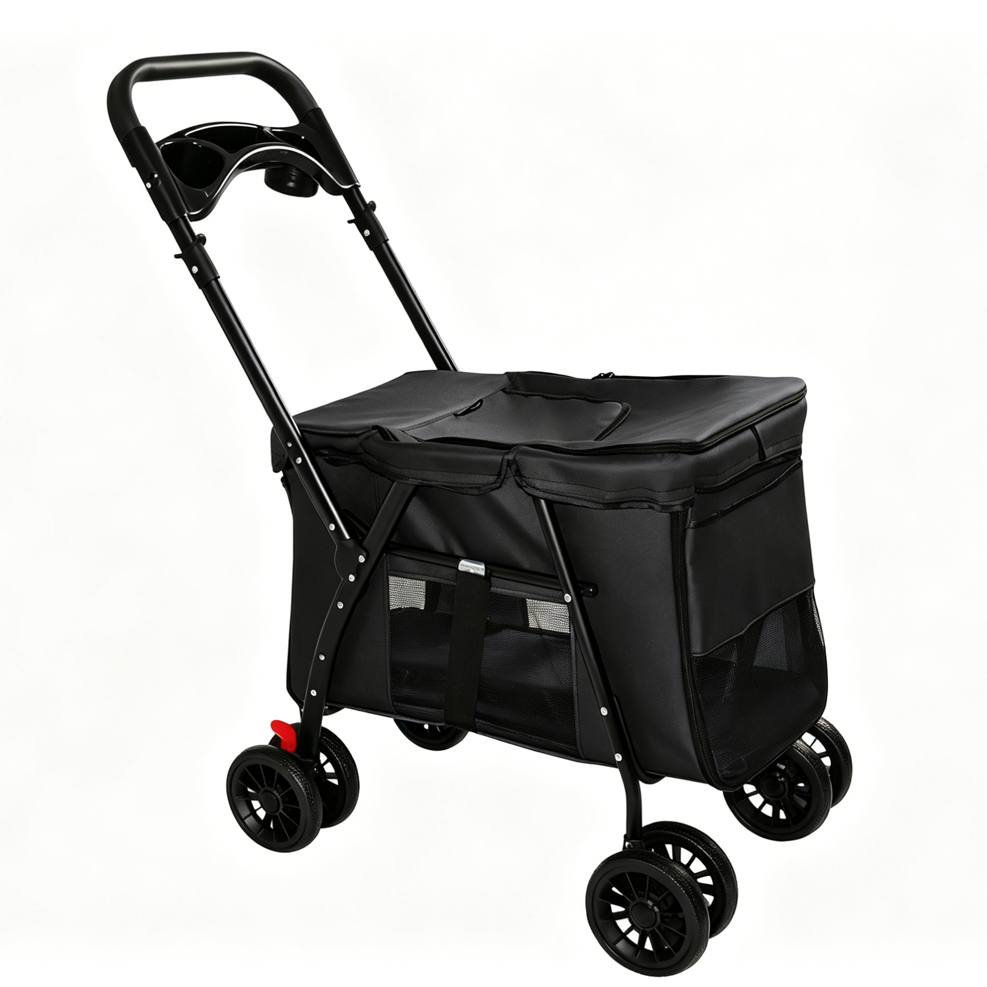 Pet Stroller, Foldable 4-Wheel Design, Breathable Mesh Dog Cat Stroller with Shockproof Wheels, Brake System, Storage Tray, 2 Fixed Safety Leashes, Large Space Pet Carrier for Small Medium Pets,Black