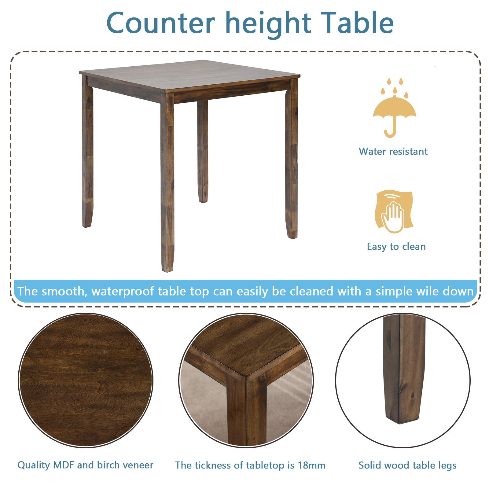 Wooden Dining Square Table, Kitchen Table for Small Space, 4 Person Counter Height Table, Walnut ONLY THE TABLE 7