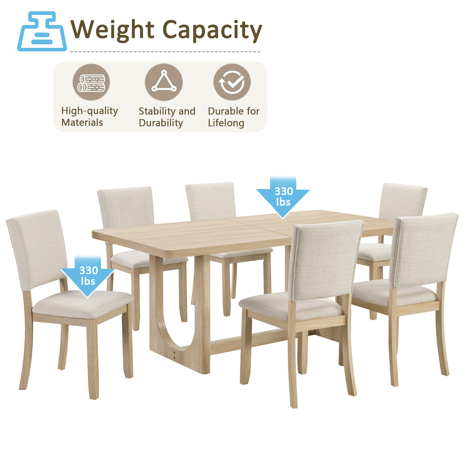 7-Piece Dining Table Set for 6, 68 Inch Rectangular Kitchen Table with 6 Upholstered Chairs, Natural Wood Dining Room Furniture Set with Sturdy U-Shaped Frame for Family, Apartment, Dining Room — foto 6