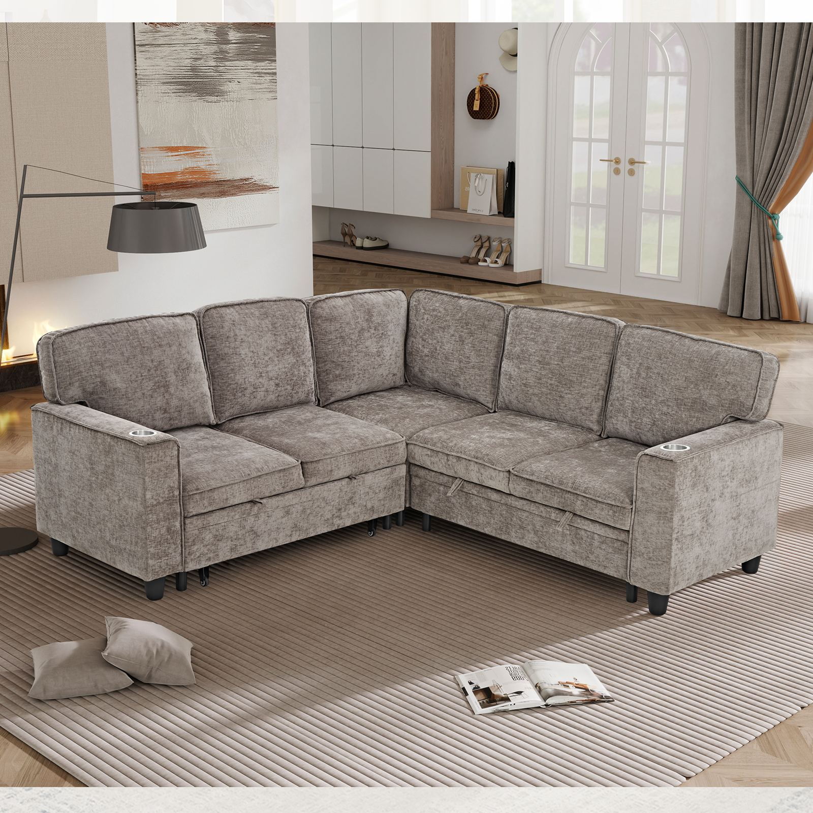 L-Shaped Sofa with Pull Out Sofa Bed, Sleeper Sofa Couch Bed with Storage Seat, 5 Seat Sectional Sofa Bed with USB, Sectional Sofa Couch for Living Room, Apartment, Light Brown — foto 2