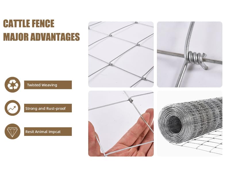 Farm Livestock Fence, 4.9*328FT Galvanised Iron Wire Farm Fence Cattle Fence Deer Fence Grassland Fence,Please Check Size Chart, Not for Small Animals 4