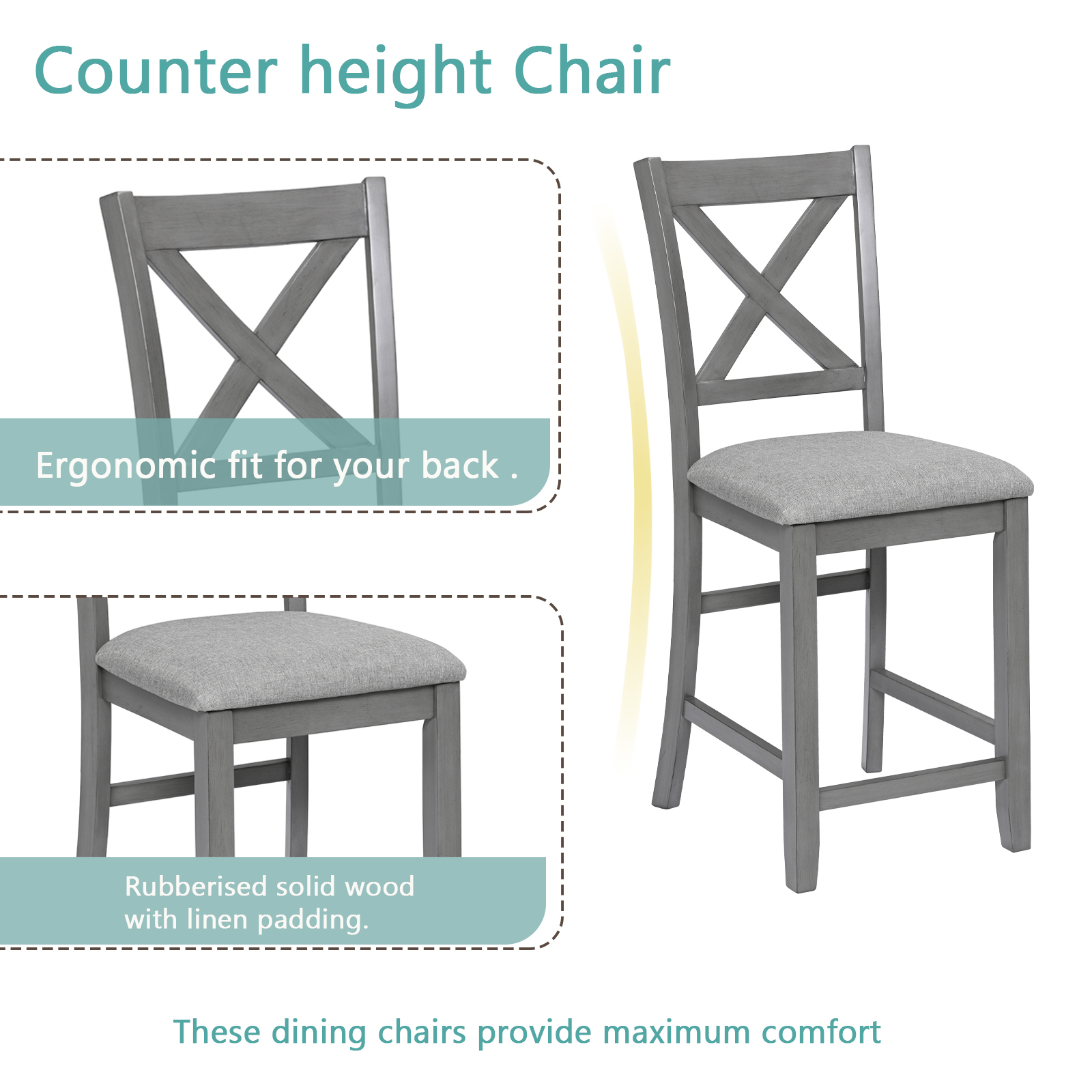 5 Piece Dining Table Set, Wooden Dining Square Table Set for 4, Counter Height Kitchen Table Set with Square Table and 4 Upholstered Chairs for Small Space, Gray — foto 8