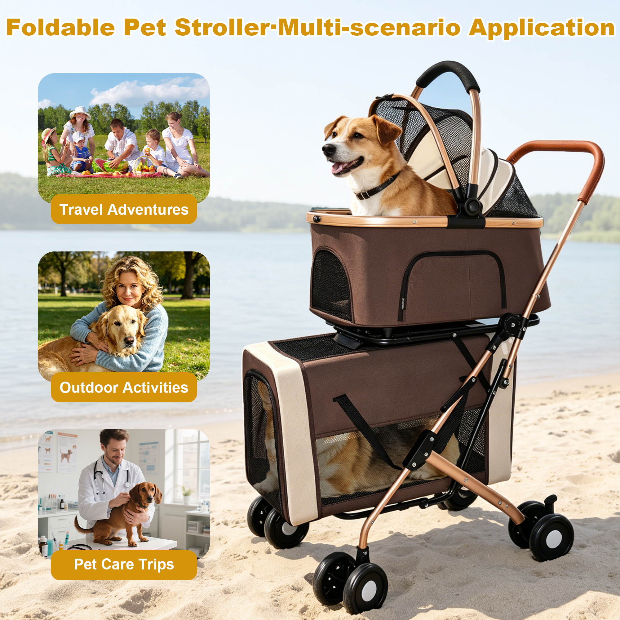 Double Pet Stroller for Dogs and Cats, Foldable Frame, 3-in-1 Convertible Carrier/Tote, Shockproof Wheels, Brake System, Fixed Safety Leashes for Small/Medium Pets in Multi-Pet Homes(Khaki) — foto 2