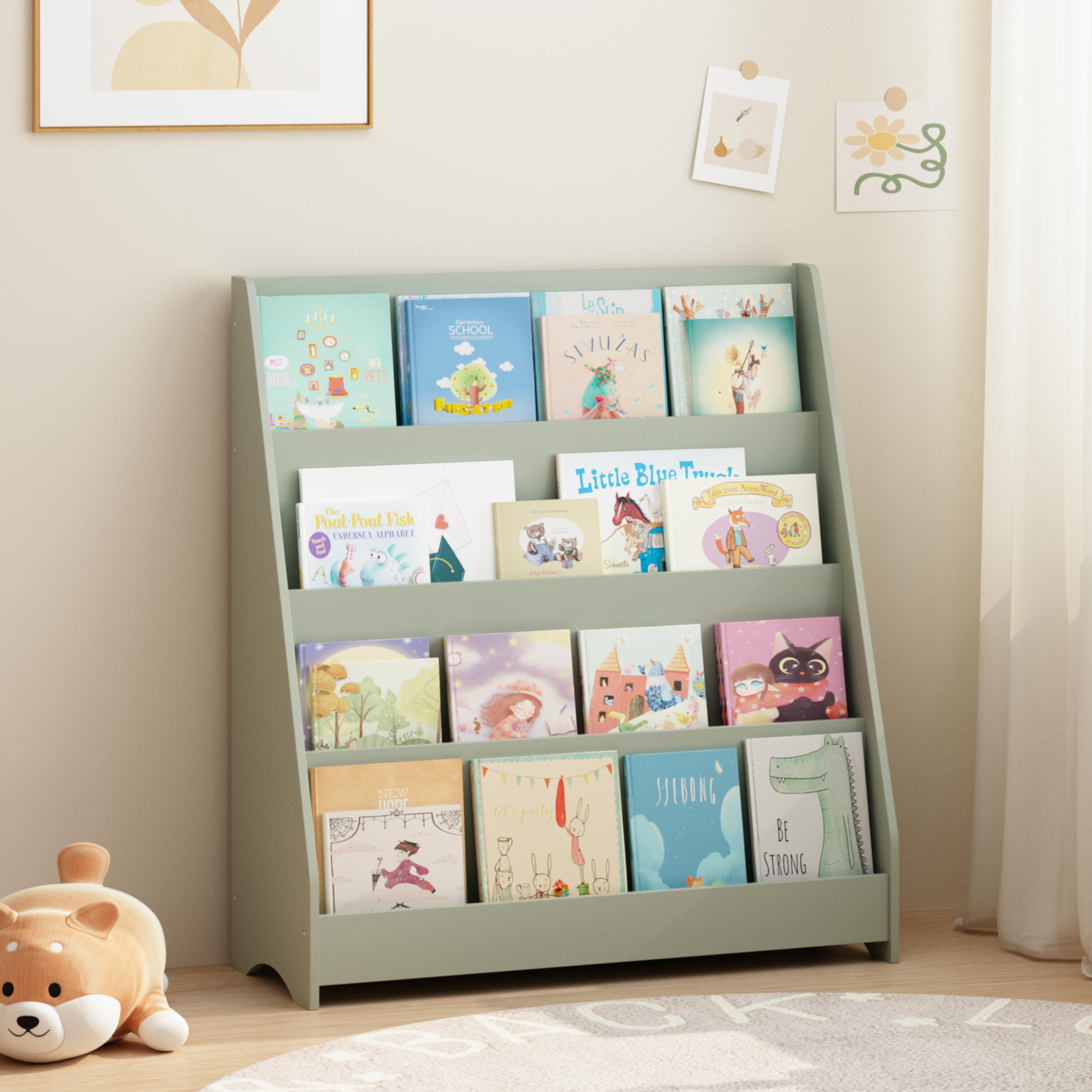 4-Tier Kids Bookshelf, Toddler Book Display Shelves, Helps Keep Bedrooms, Playrooms, and Classrooms Organized, MDF, Sage
