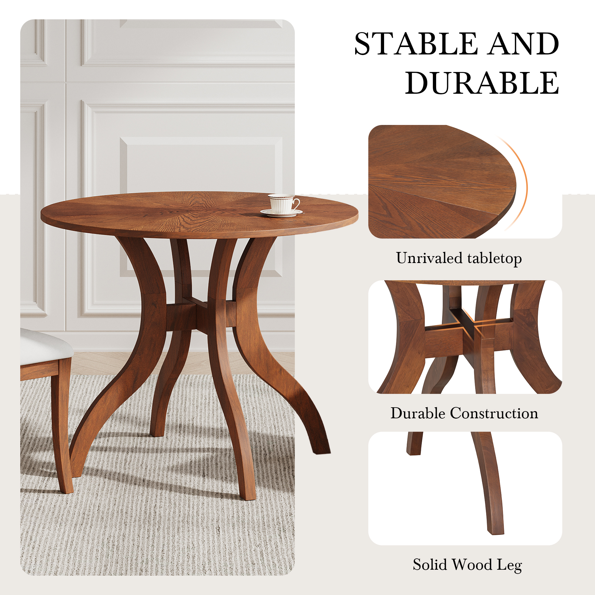 Walnut Dining Table Set:39.4" Round Table + 2 Chairs - Traditional Solid Wood Kitchen Set with Inlaid Tabletop, Elegant Curved Legs for Dining Room — foto 7