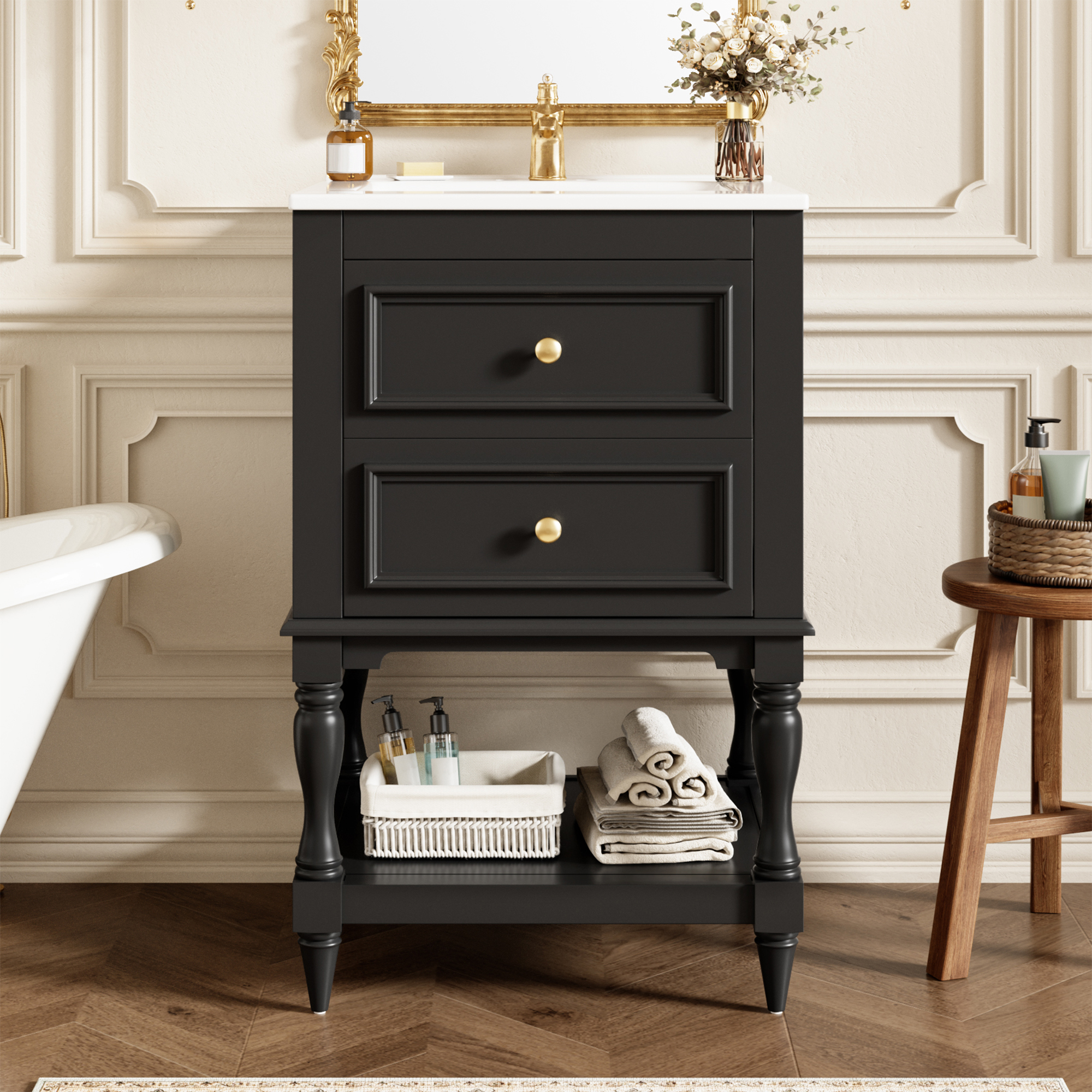 20'' Bathroom Vanity with Ceramic Sink, Bathroom Storage Cabinet with Open Shelf , Retro Design Bathroom Cabinet with 2 Drawers