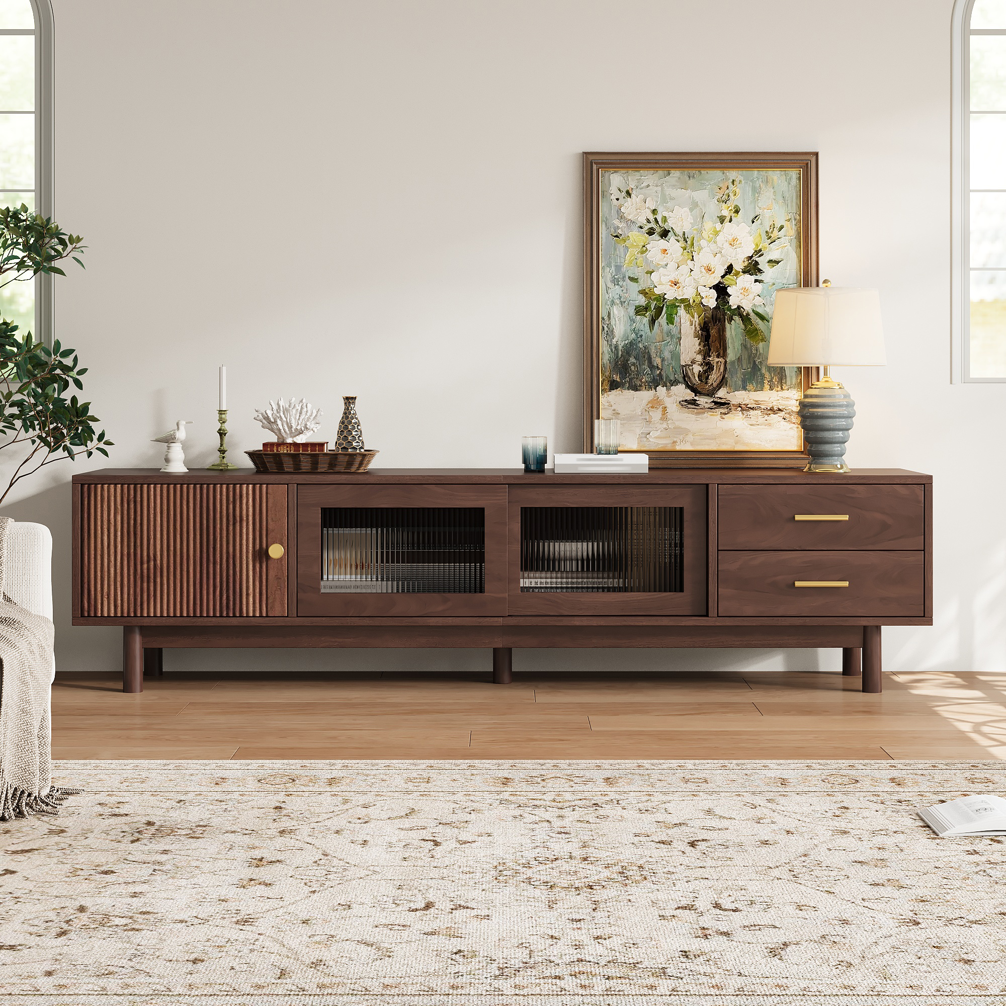 70 inch Mid Century Modern TV Stand for 80" TVs, Entertainment Center with Glass Sliding Doors and 2 Drawers, TV Table with Storage for Living Room, Bedroom