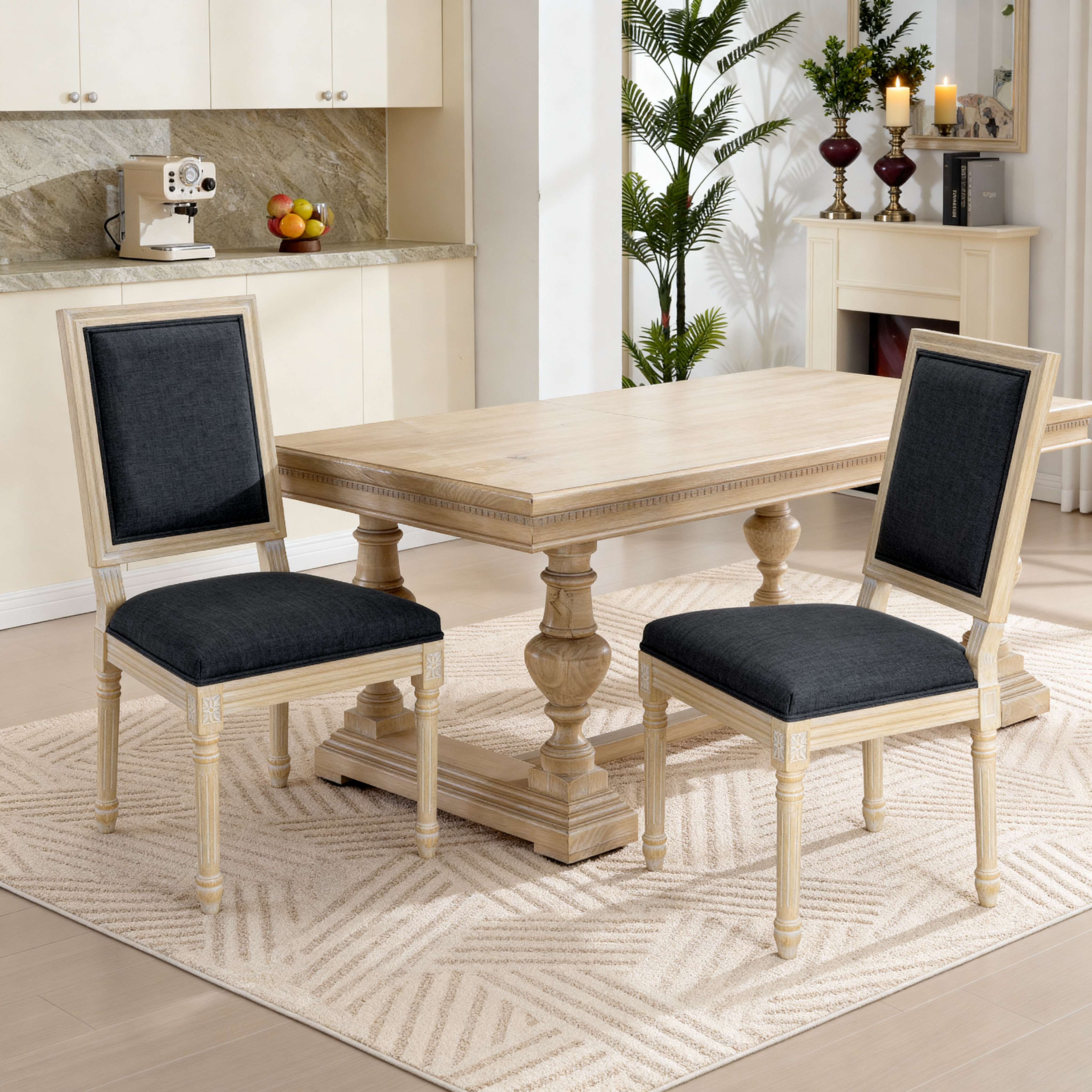 French Country Dining Chairs Set of 2, Upholstered Chairs with Square Back, Wire drawing and carving techniques ,Disassemblable , for Living Room, Kitchen , Restaurant Use, Grey