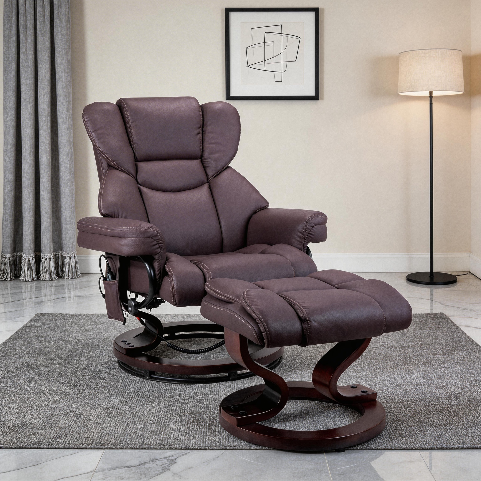 8-Point Massage Recliner with Ottoman, Heated Cat Scratch Leather Reclining Chair,Bent Wood Base, Indoor Lounge TV Chair with Footrest for Living Room and Bedroom, Brown product image