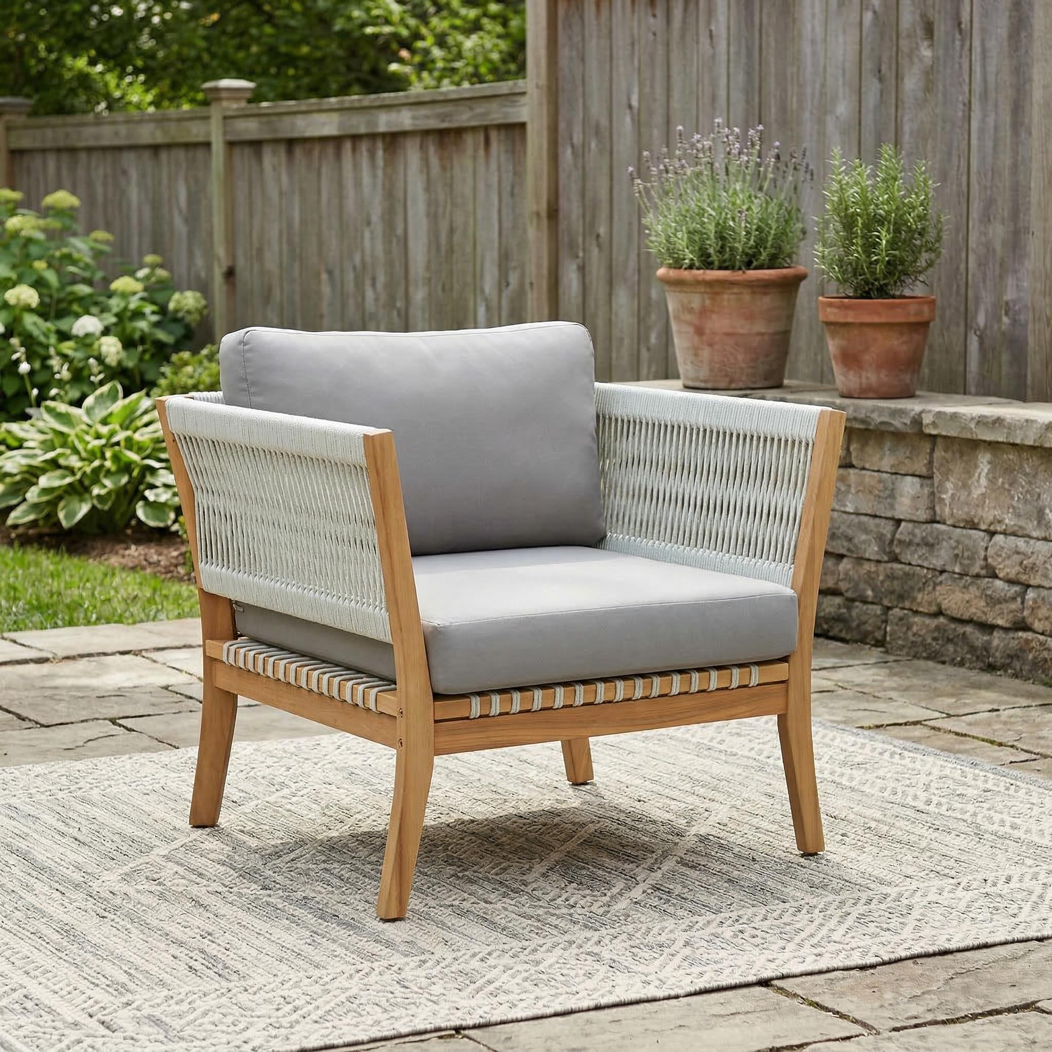 30.3" Outdoor Acacia Wood Patio Chair with Woven Rope Accents, Weather-Resistant Single Lounge Chair with Thick Cushions, Modern Accent Chair for Backyard, Deck, Poolside — foto 6