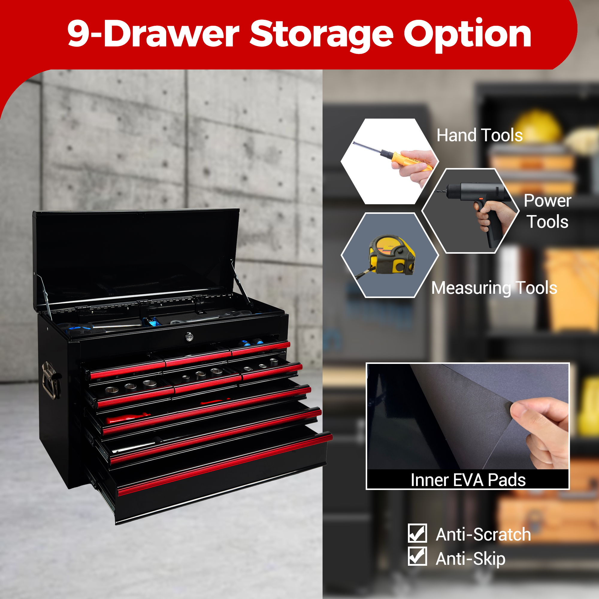 Heavy Duty Metal Tool Box, 24-inch, Portable Metal Tool Box with 9 Drawers, Small Tool Chest with EVA Liners, Ball Bearing Slide Drawers Locking & Powder Coated Finish, Multi-Function Tool Organizer — foto 7