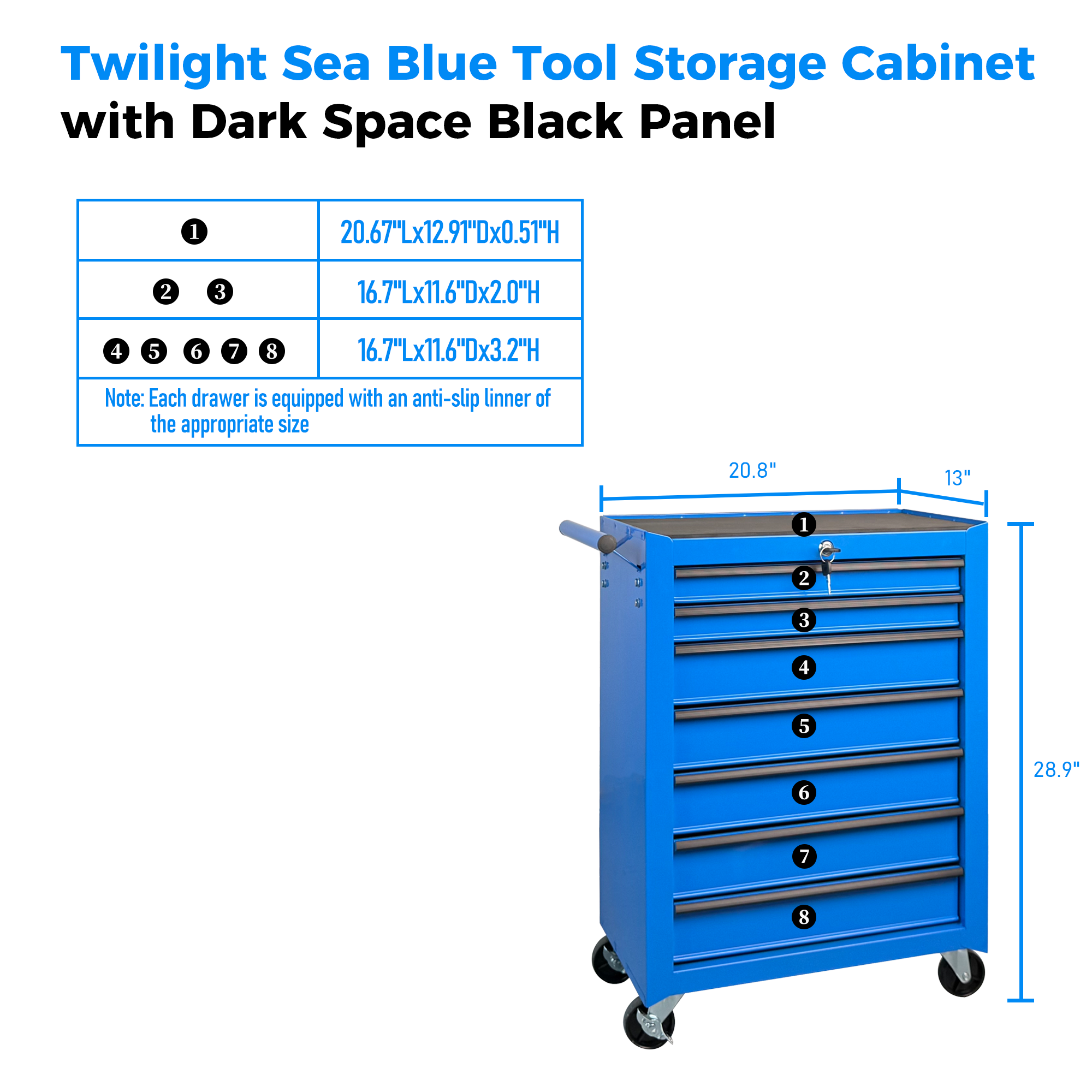 Rolling Metal Tool Chest with 7 Drawers, 20" 7-Drawer Tool Chest Cabinet with Ball Bearing Drawer Slides, Steel Tool Storage Box Organizer  -BLUE — foto 3