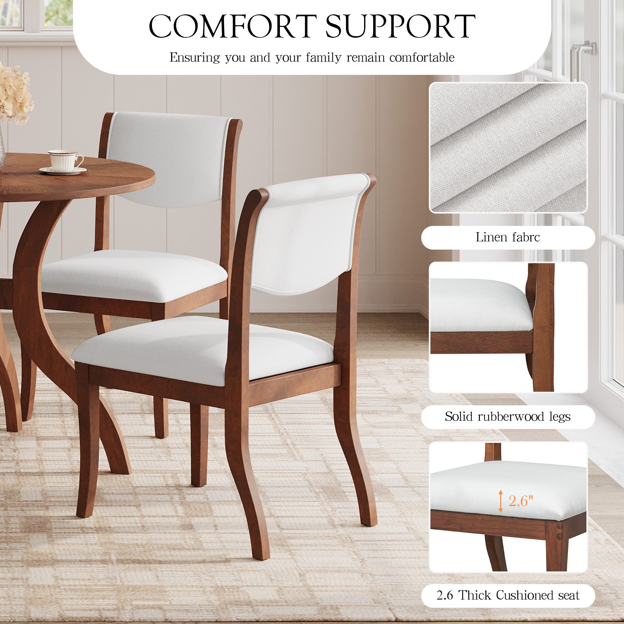 Walnut Dining Table Set:39.4" Round Table + 2 Chairs - Traditional Solid Wood Kitchen Set with Inlaid Tabletop, Elegant Curved Legs for Dining Room — foto 5