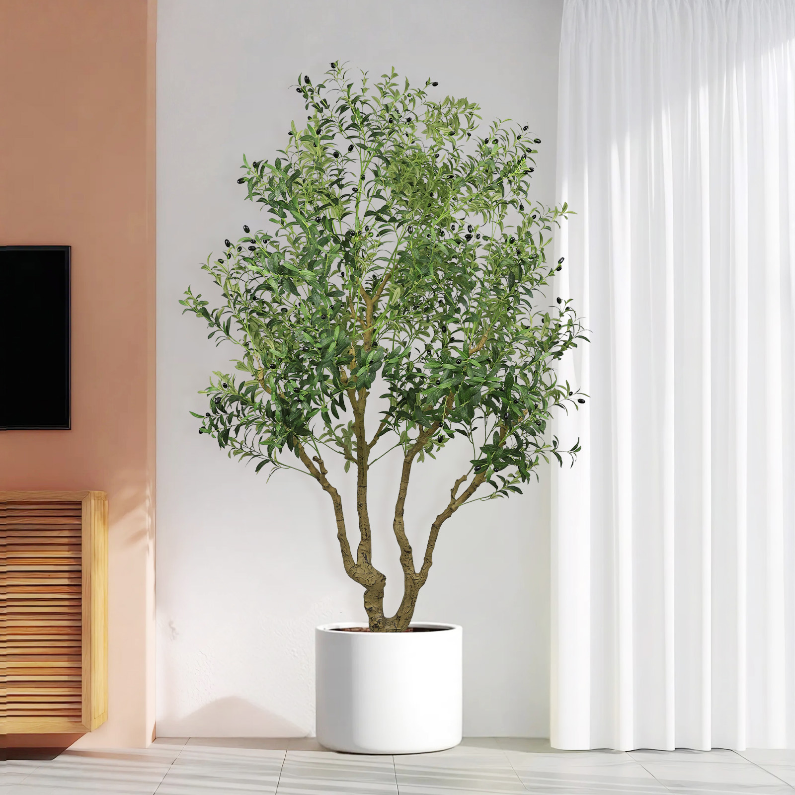 8FT Tall Artificial Olive Tree - Large Faux Potted Tree with Natural Trunk and Lifelike Olive Leaves and Fruit, Elegant Indoor/Outdoor Decorative Plant for Living Room, Office or Entryway, 1pc/set — foto 3