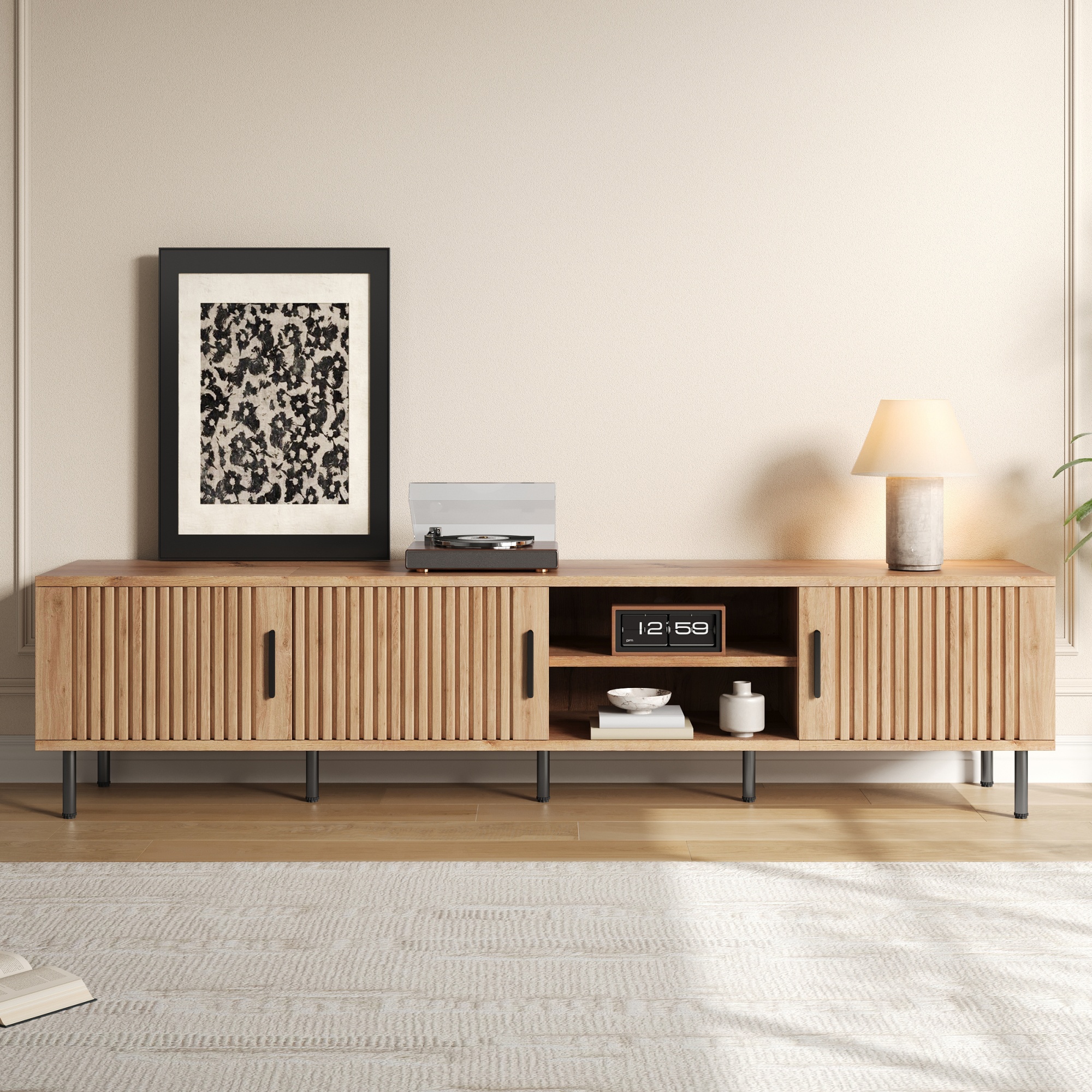 78 inch Modern TV Stand for TVs up to 85", Entertainment Center with Closed Storage & Cable Management, Soft-Closing Hinges, Sturdy Iron Legs for Living Room