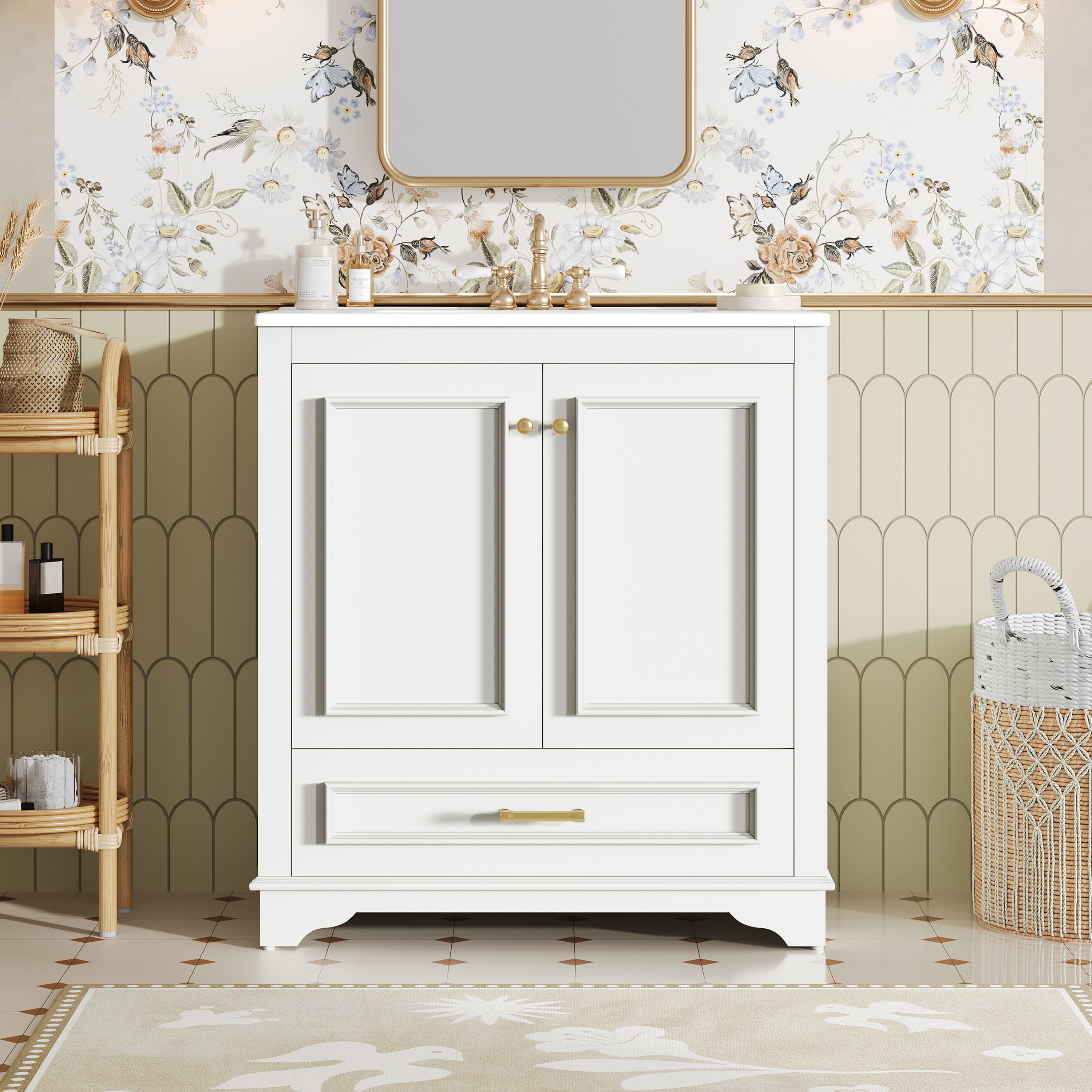 30" Luxurious Bathroom Vanity with Ceramic Sink, Bathroom Vanities Cabinet with 2 large Soft Closing Doors, Solid Wood Frame Bathroom Storage Cabinet