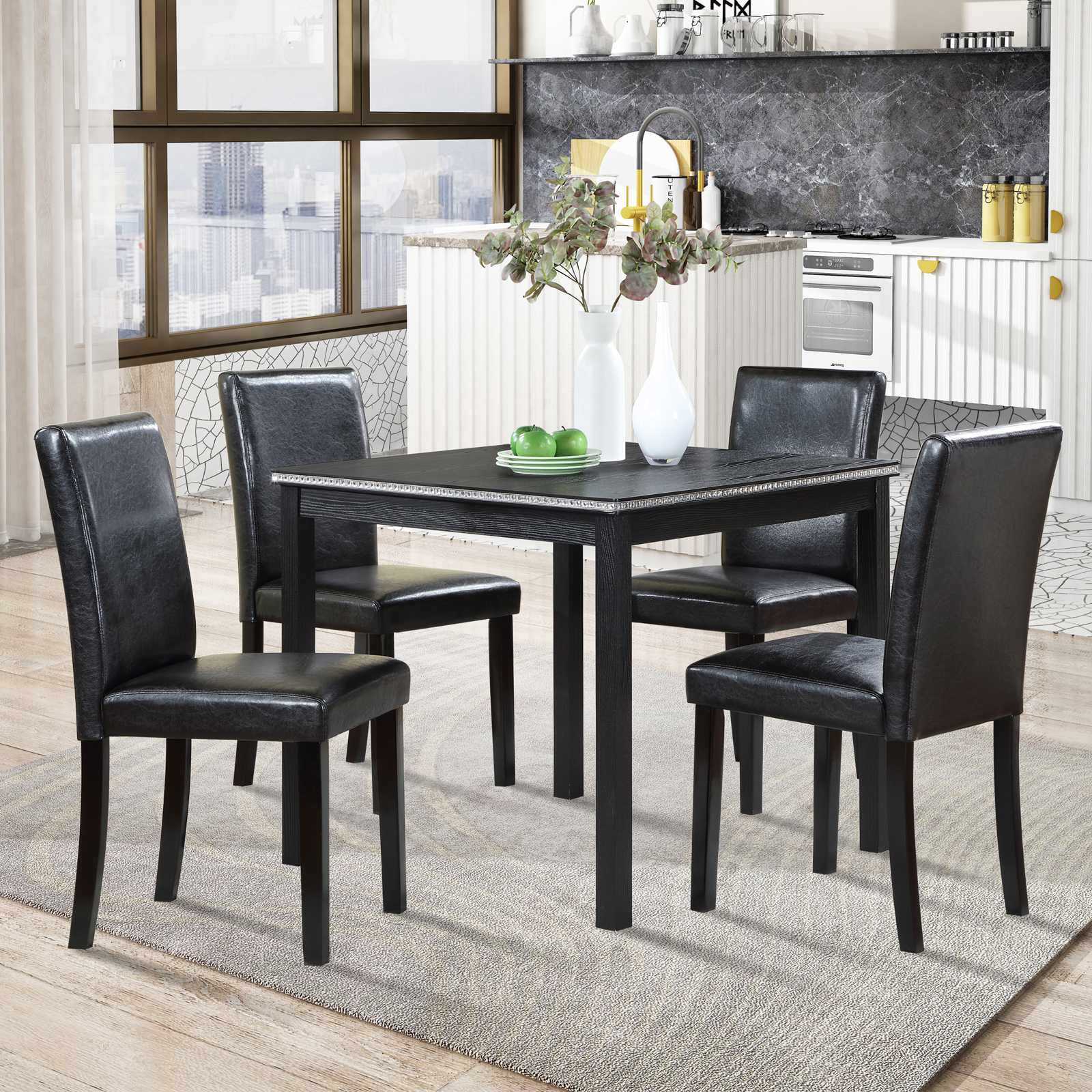 5 Piece Wooden Dining Table Set, Kitchen Table Set with a Square Table and 4 Upholstered Chairs, Wooden Dining Room Table with Crystal Decoration and Chairs Set for Kitchen, Dining Room, Black — foto 4