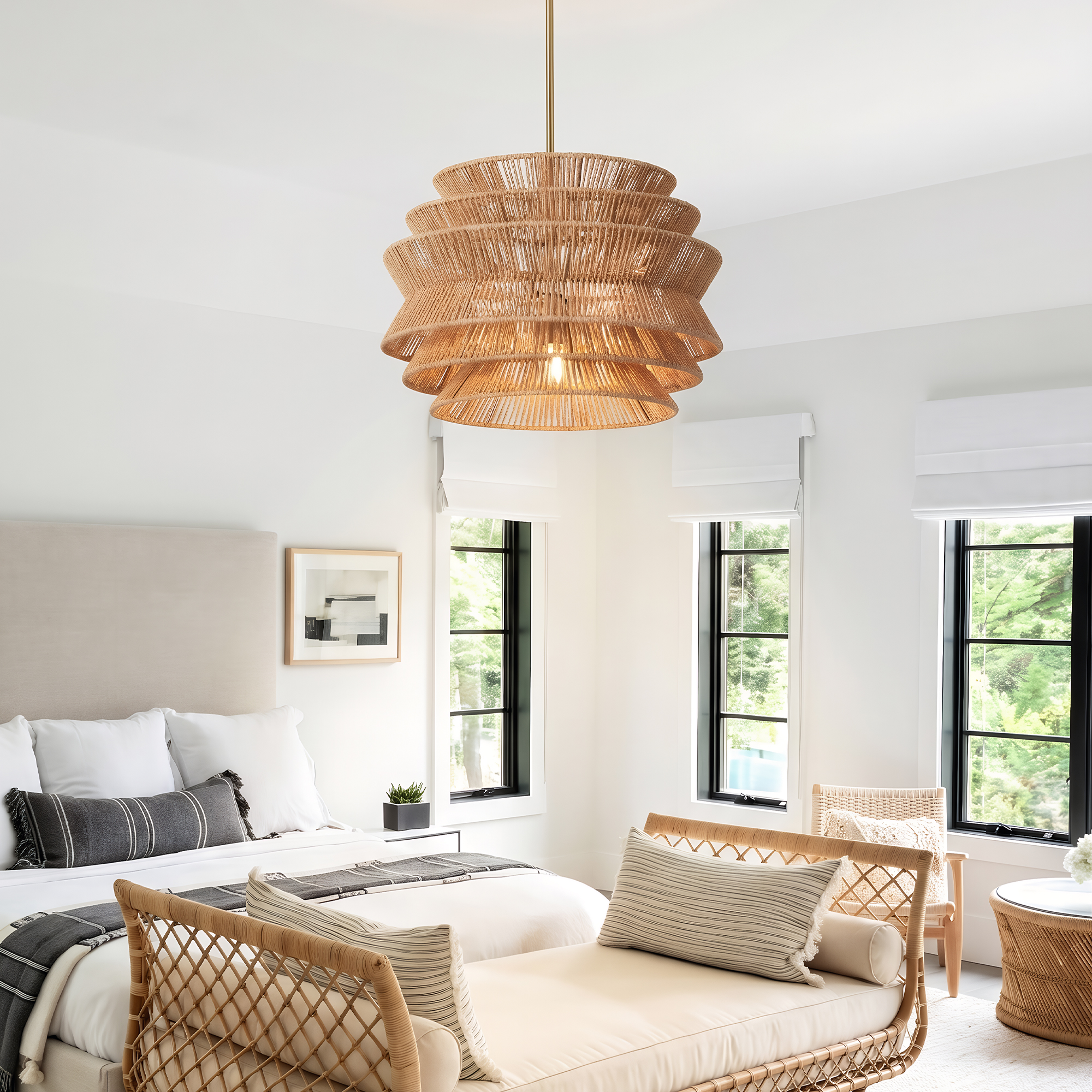 17.3" Rattan Pendant Light,Hand-Woven Rustic Wicker Hanging Light Seagrass Ceiling Chandelier,Water Plants Rattan Chandelier for Dining Living Bedroom Kitchen Farmhouse — foto 8