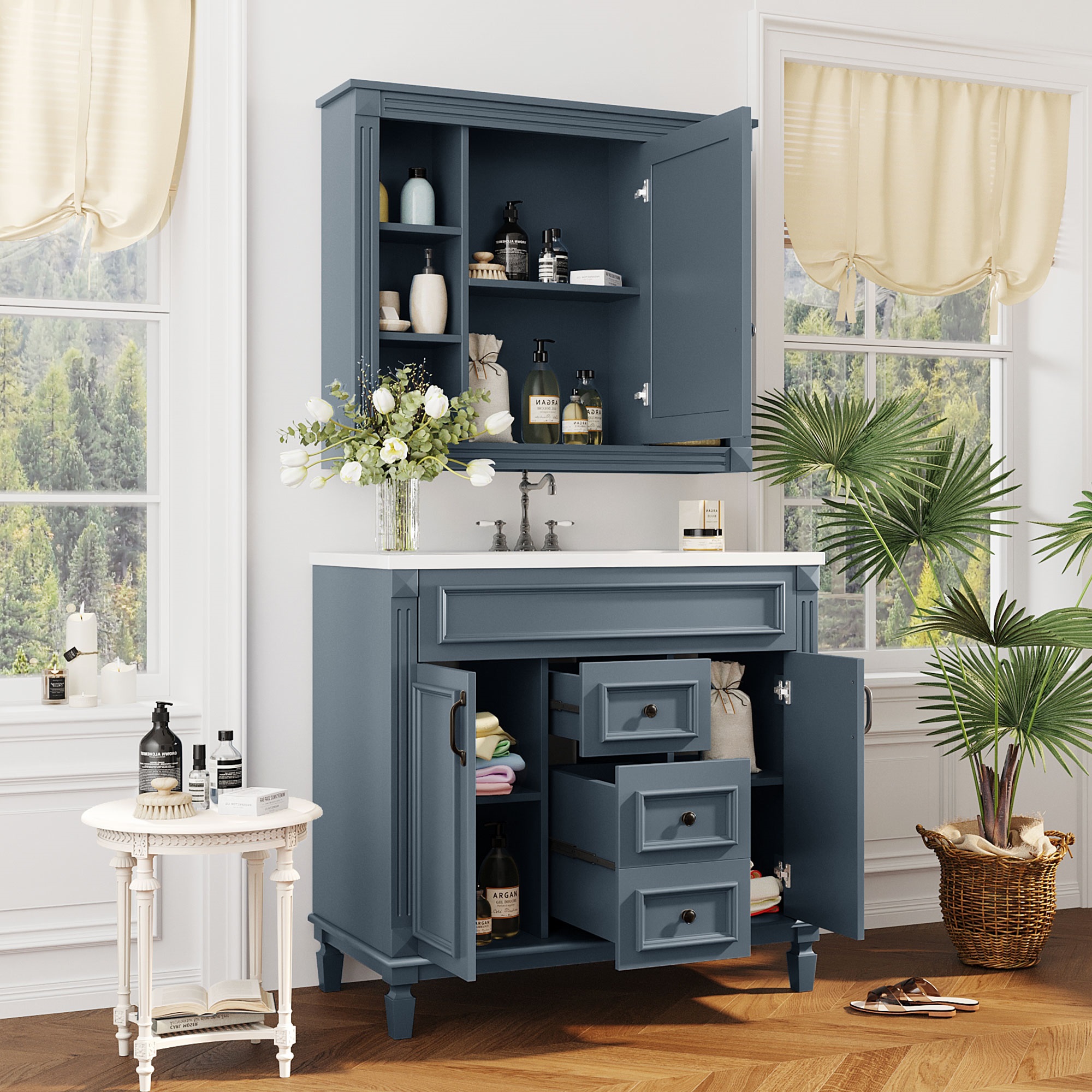 36'' Bathroom Vanity with Top Sink, Royal Blue Mirror Cabinet, Modern Bathroom Storage Cabinet with 2 Soft Closing Doors, Single Sink Bathroom Vanity — foto 5