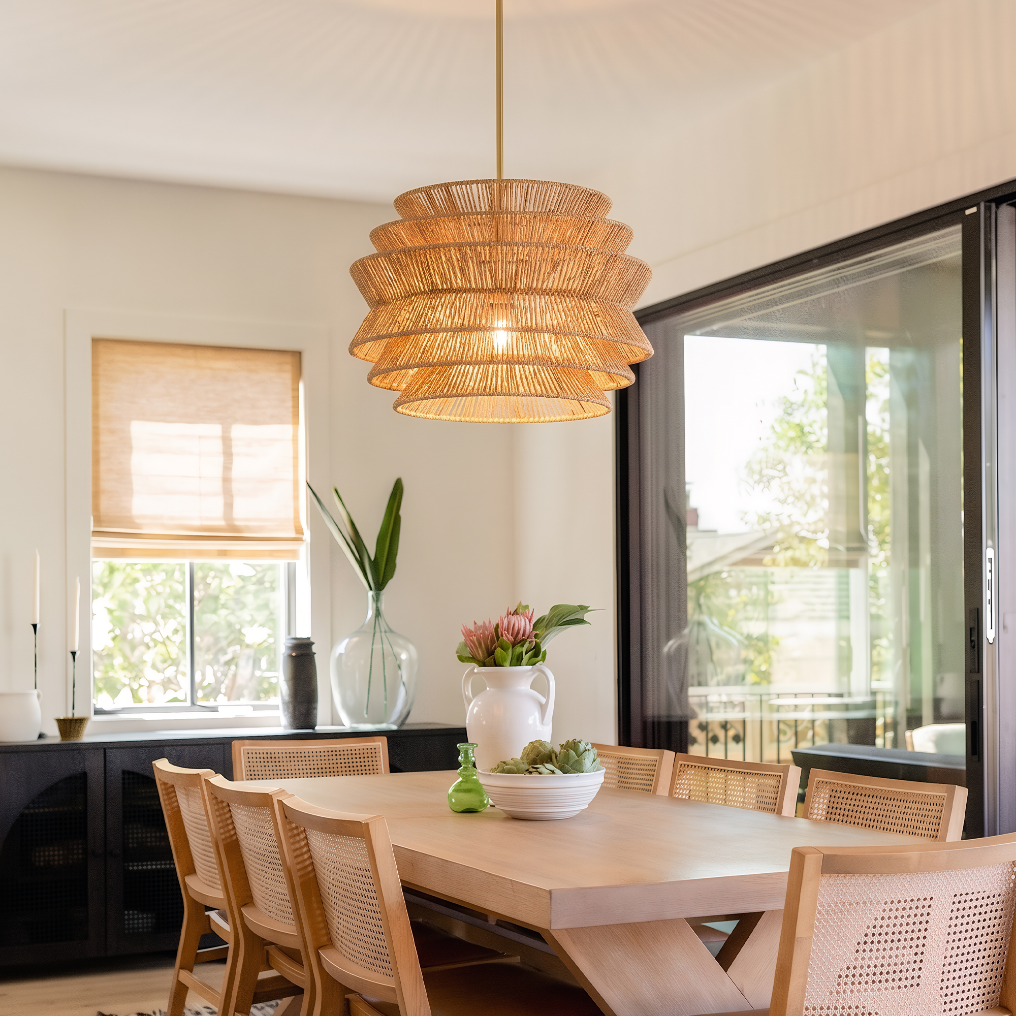 17.3" Rattan Pendant Light,Hand-Woven Rustic Wicker Hanging Light Seagrass Ceiling Chandelier,Water Plants Rattan Chandelier for Dining Living Bedroom Kitchen Farmhouse — foto 4
