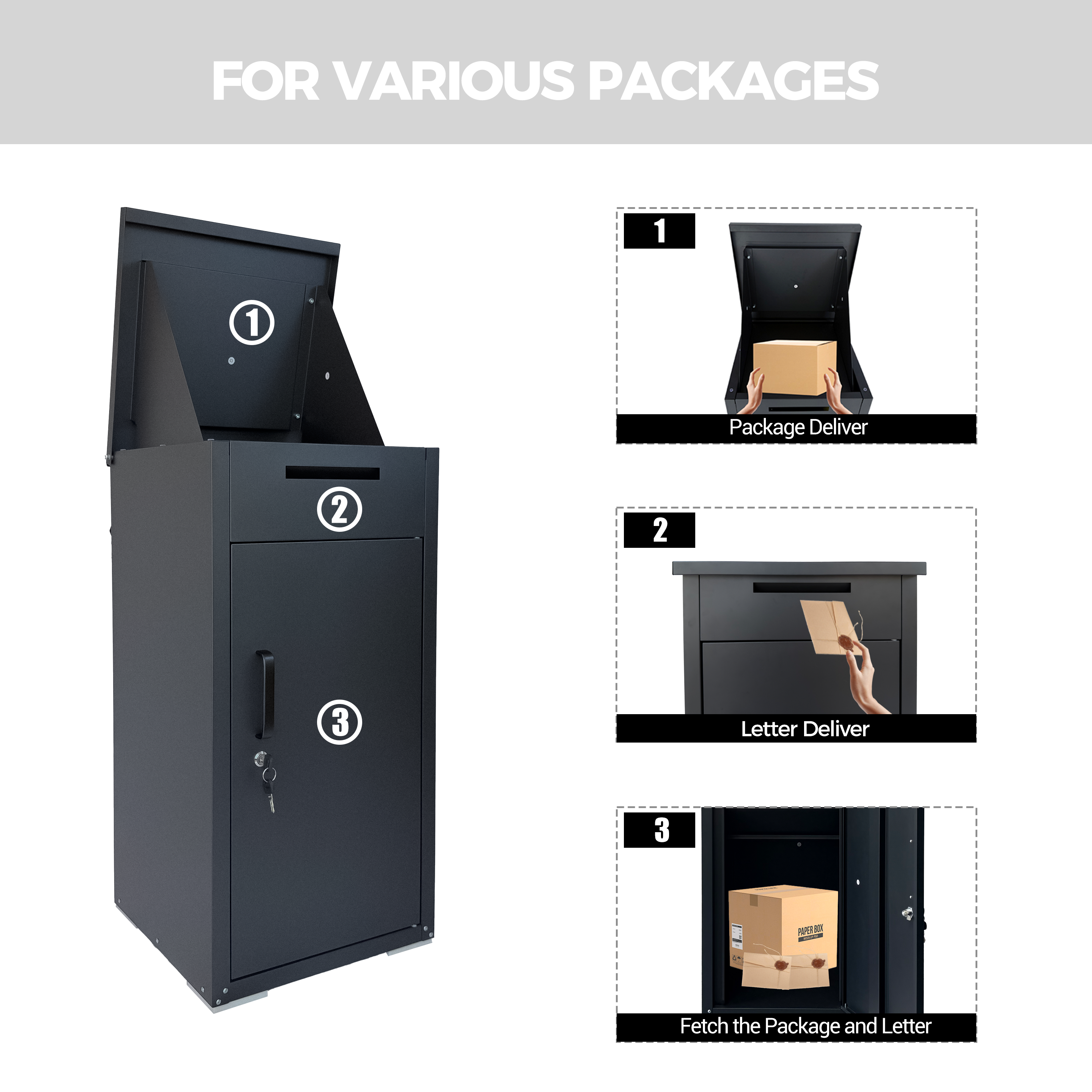 Package Delivery Box for Outside,  Cold-Rolled Steel Delivery Box for Packages & Mails, Anti-Theft Lockable Large Mailbox for Porch, House, Curbside, Black — foto 20