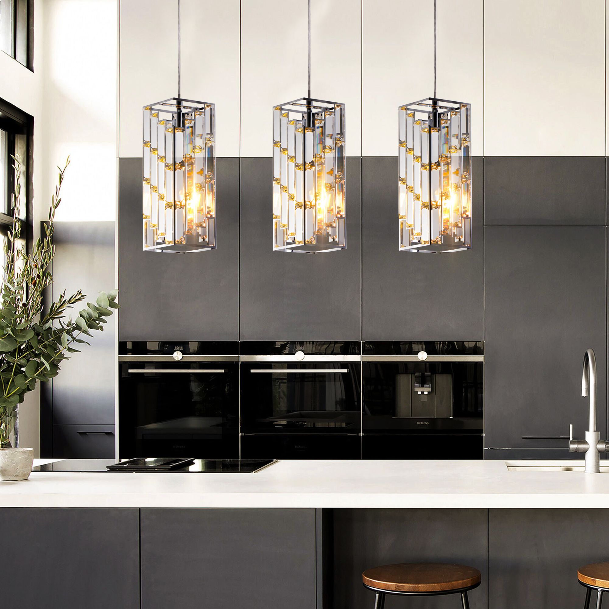 4" Modern Crystal Pendant Light - 3 Pack, Adjustable Hanging Ceiling Lamp with Crystal Prism Design for Dining Room, Kitchen Island, and Living Room -Chrome Finish — foto 4