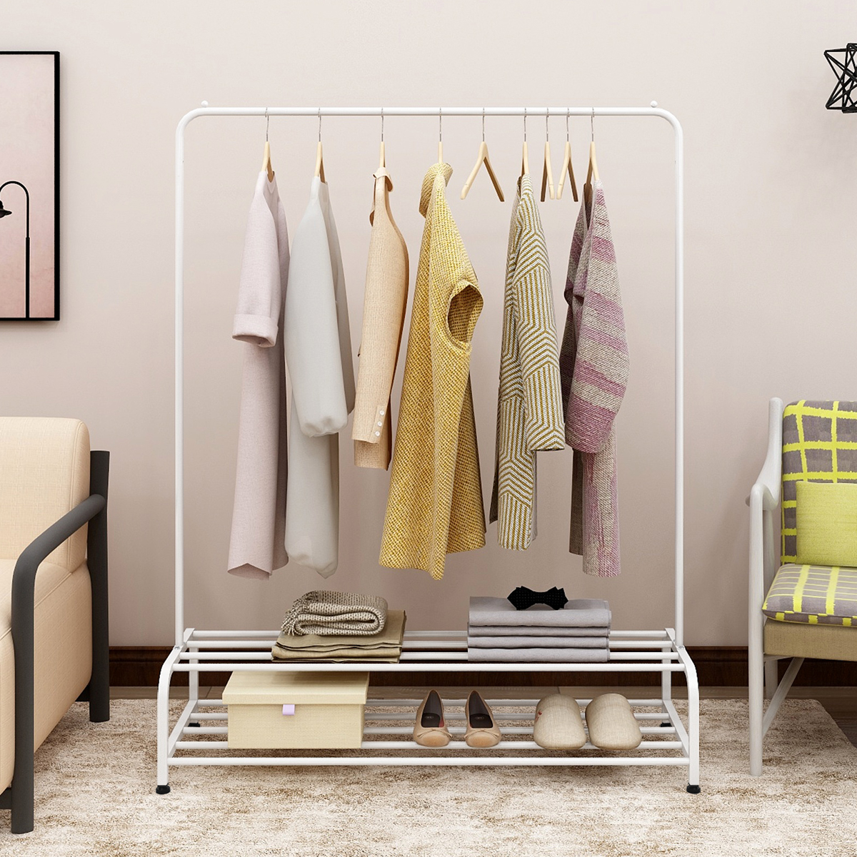 Heavy Duty Garment Rack, Metal Clothes Rack with Bottom Shelf, Standing Coat Rack for Bedroom, Laundry Room, Small Spaces, 47.2"L x 17.7"W, White — foto 6