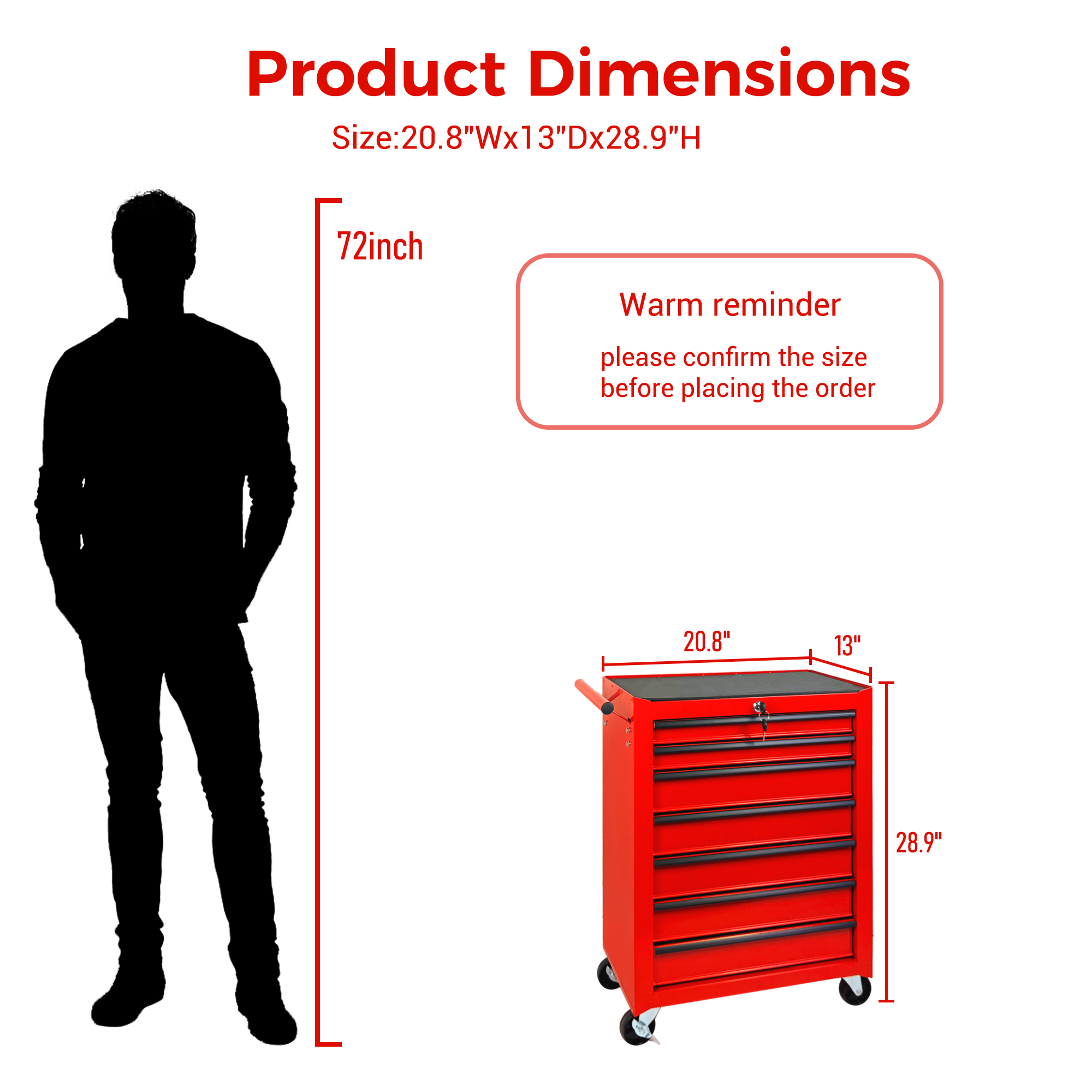Rolling Metal Tool Chest with 7 Drawers, 20" 7-Drawer Tool Chest Cabinet with Ball Bearing Drawer Slides, Steel Tool Storage Box Organizer  -RED — foto 13