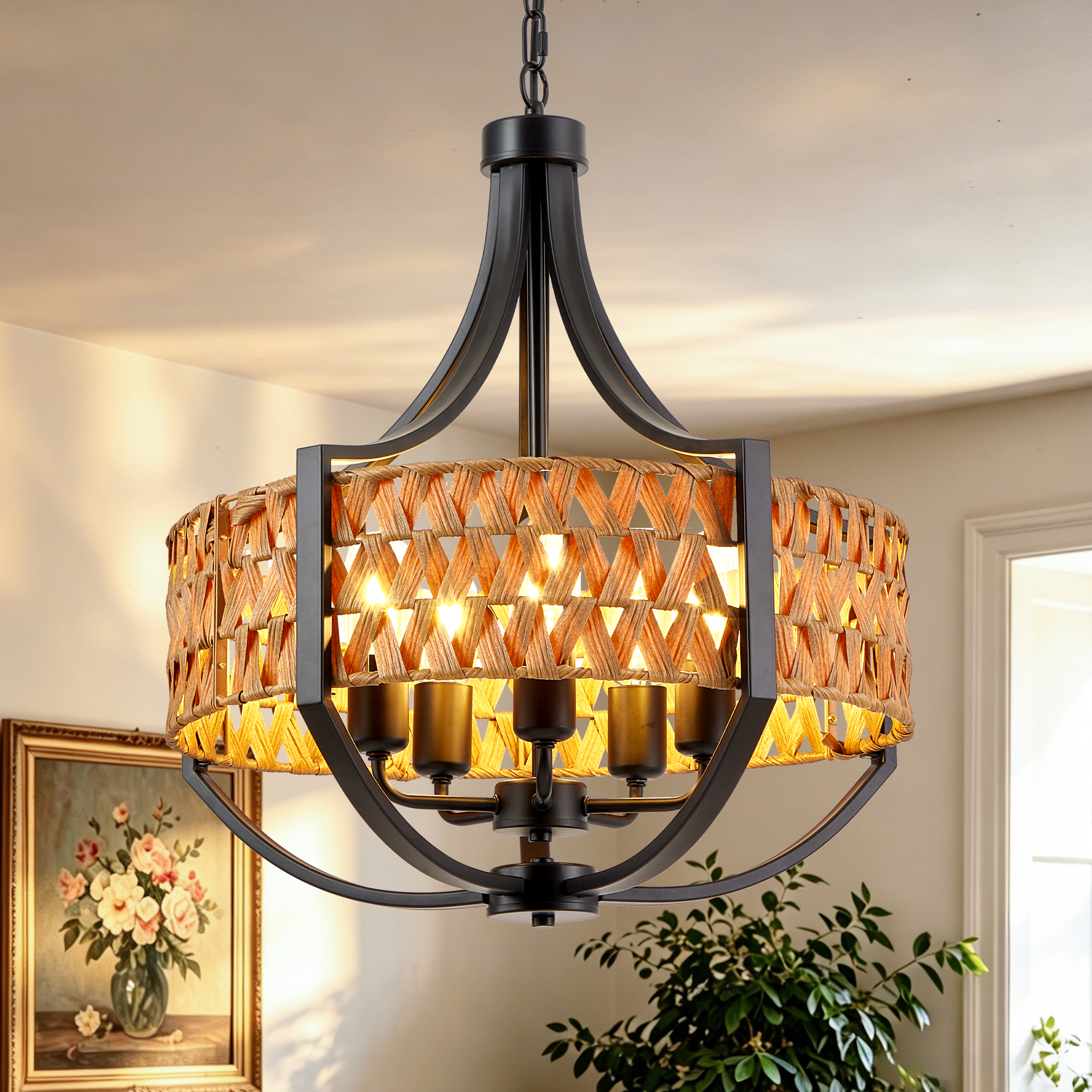 19.7" Rattan Chandelier, 5-Light Boho Chandelier with Natural Woven Reed Shade, Black Farmhouse Hanging Ceiling Light Pendant Light for Dining Room, Living Room, Foyer, Bedroom Hallway — foto 8