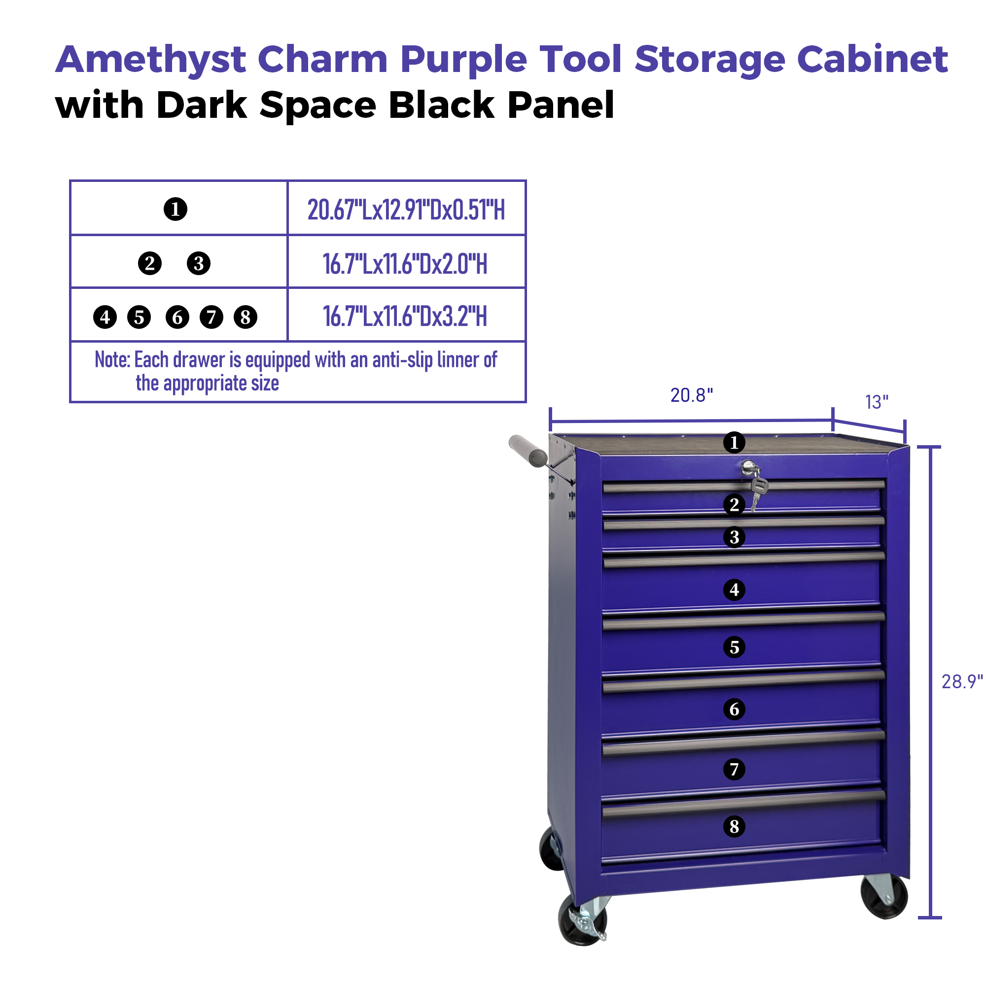 Rolling Metal Tool Chest with 7 Drawers, 20" 7-Drawer Tool Chest Cabinet with Ball Bearing Drawer Slides, Steel Tool Storage Box Organizer -PURPLE — foto 9