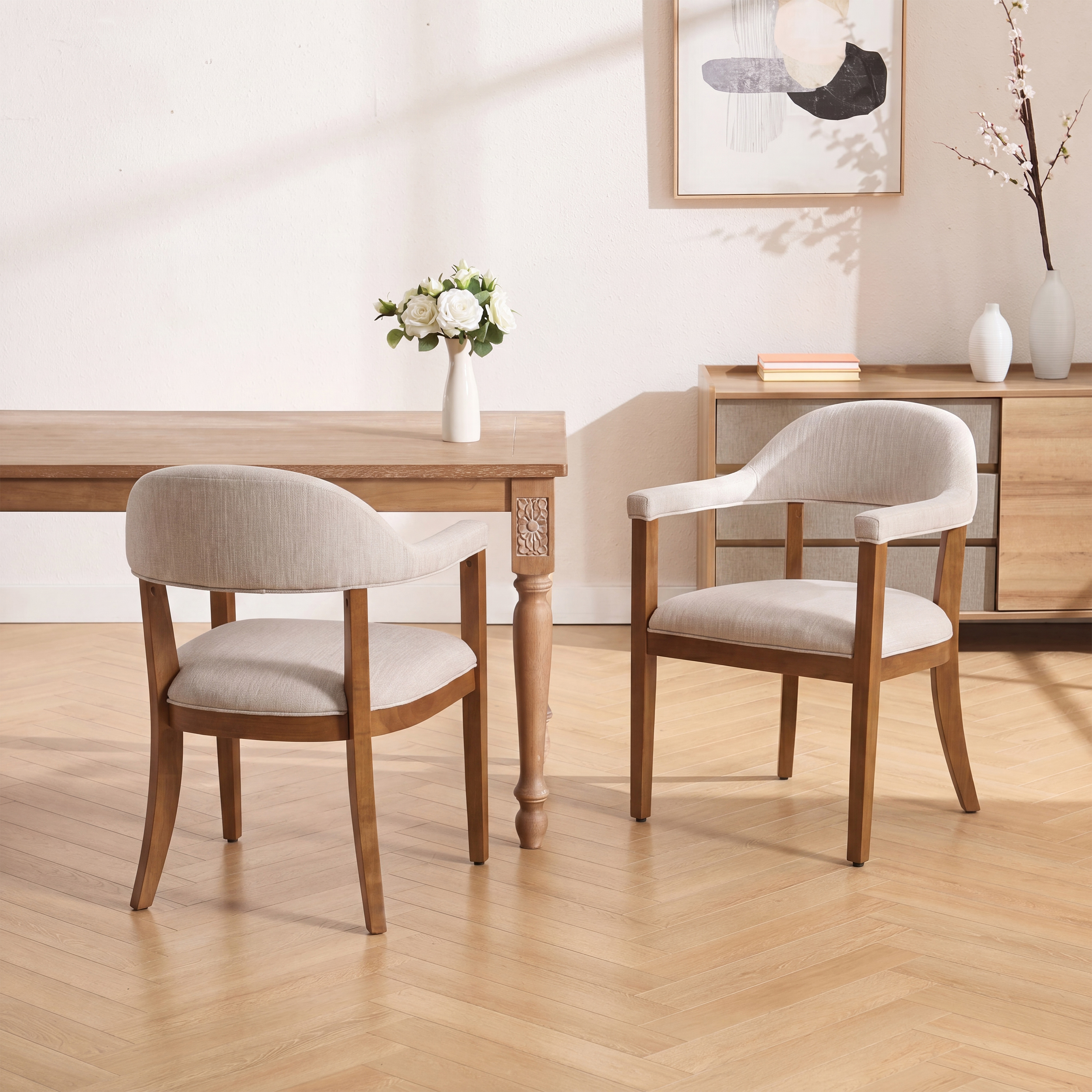 Wood Frame with upholstered Dining Chairs with Armrests (Set of 2),Walnut+Beige