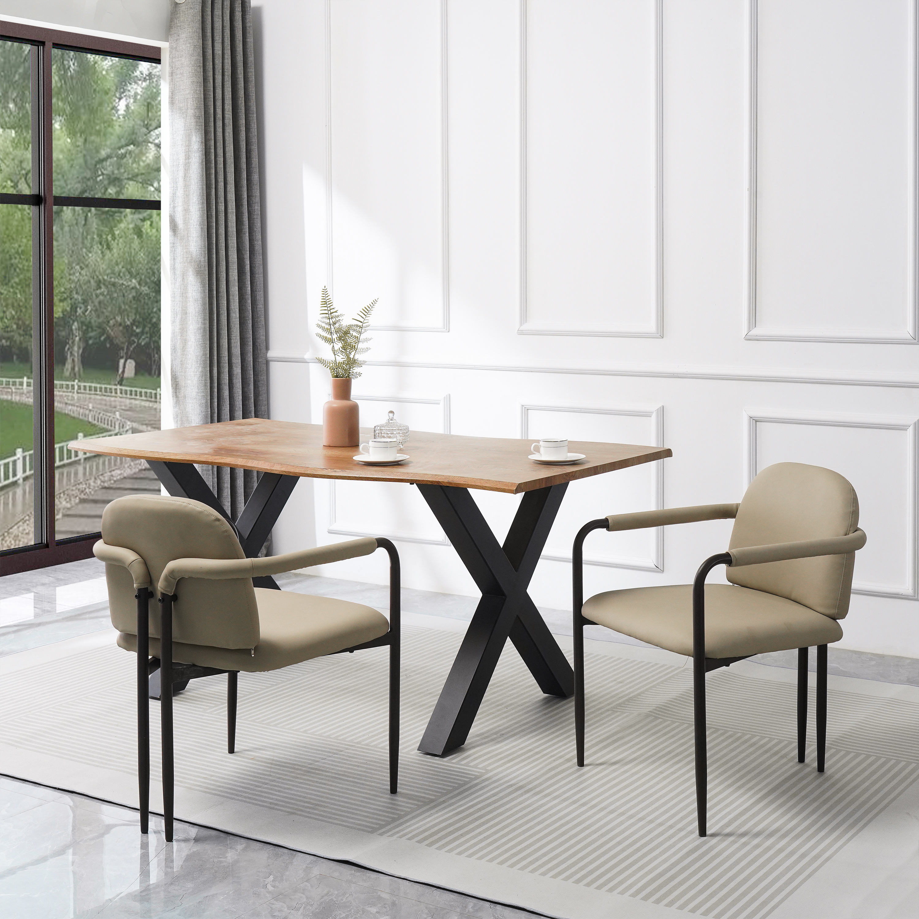 Dinning Chair with iron frame-Set of 2-Espresso+Khaki