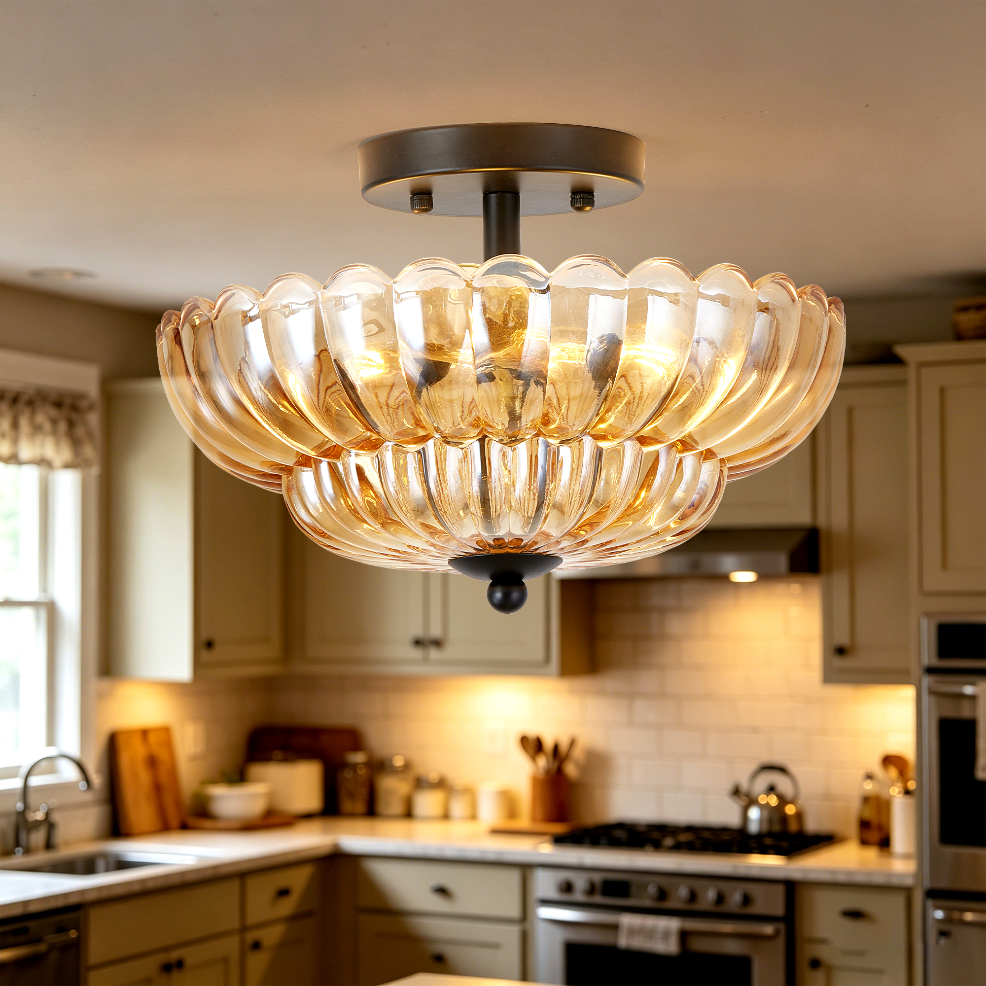 Semi Flush Mount Ceiling Light, Amber Glass Ceiling Light Fixture, 3-Bulb Modern Black Close to Ceiling Light, Vintage Glass Ceiling Lights for Bedroom Kitchen Living Room, Bulb Not Included — foto 4