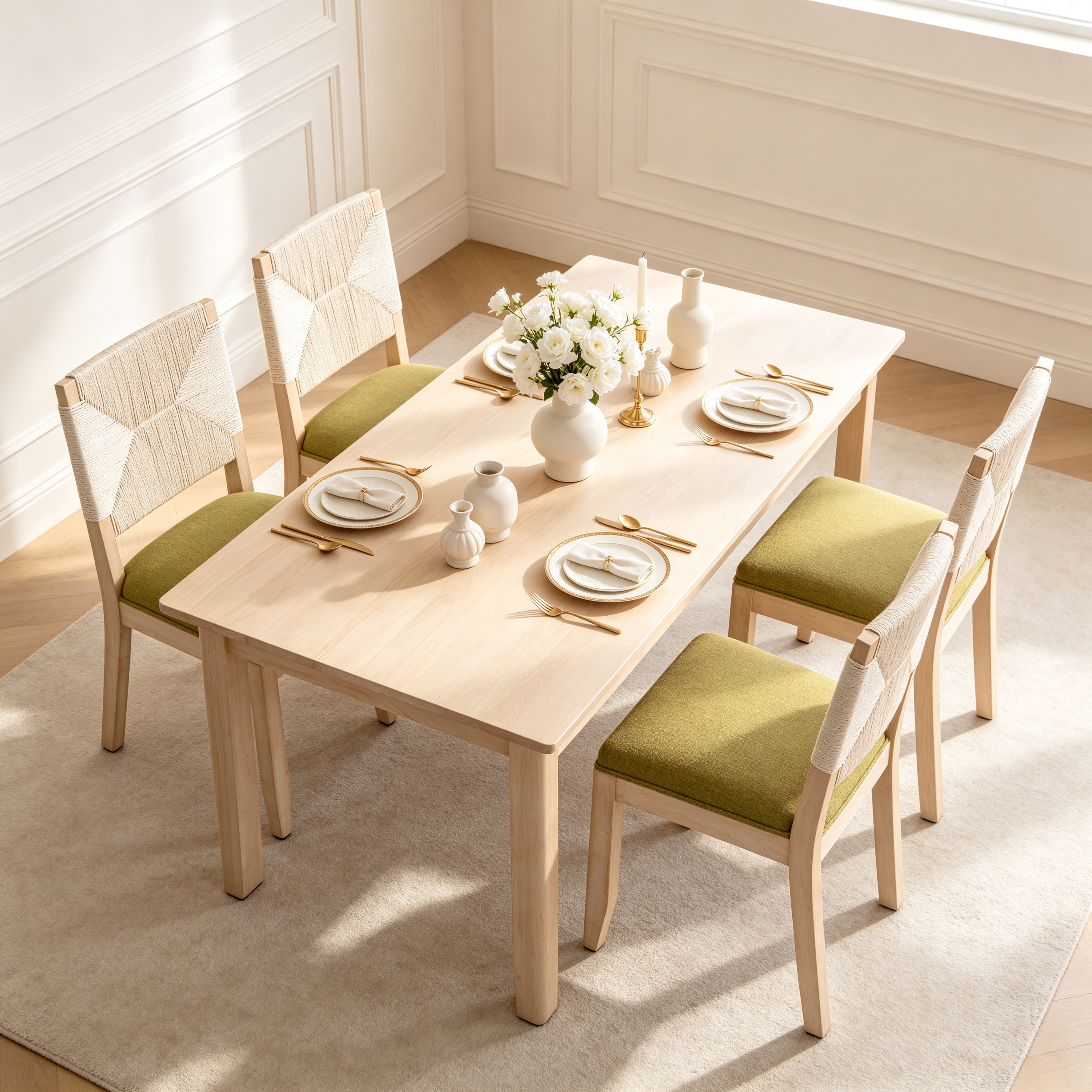 French Country Dining Chairs Set of 2, Beige Farmhouse Kitchen & Dining Room Chairs, Boho Wood Dining Chair with Woven Back & Linen Upholstered Seat, Solid Wood Frame, Olive Green