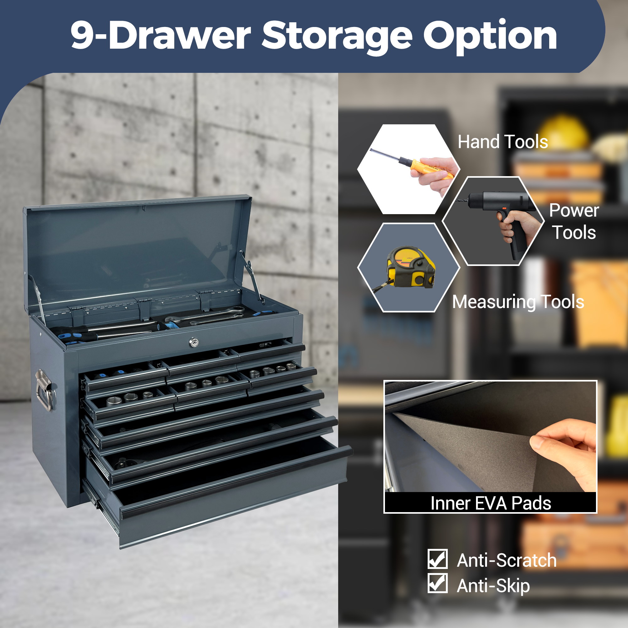 Heavy Duty Metal Tool Box, 24-inch, Portable Metal Tool Box with 9 Drawers, Small Tool Chest with EVA Liners, Ball Bearing Slide Drawers Locking & Powder Coated Finish, Multi-Function Tool Organizer — foto 9