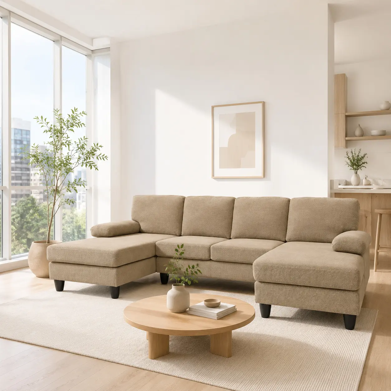 nubby upholstery U-Shaped Sofa, Comfortable Dual Chaise