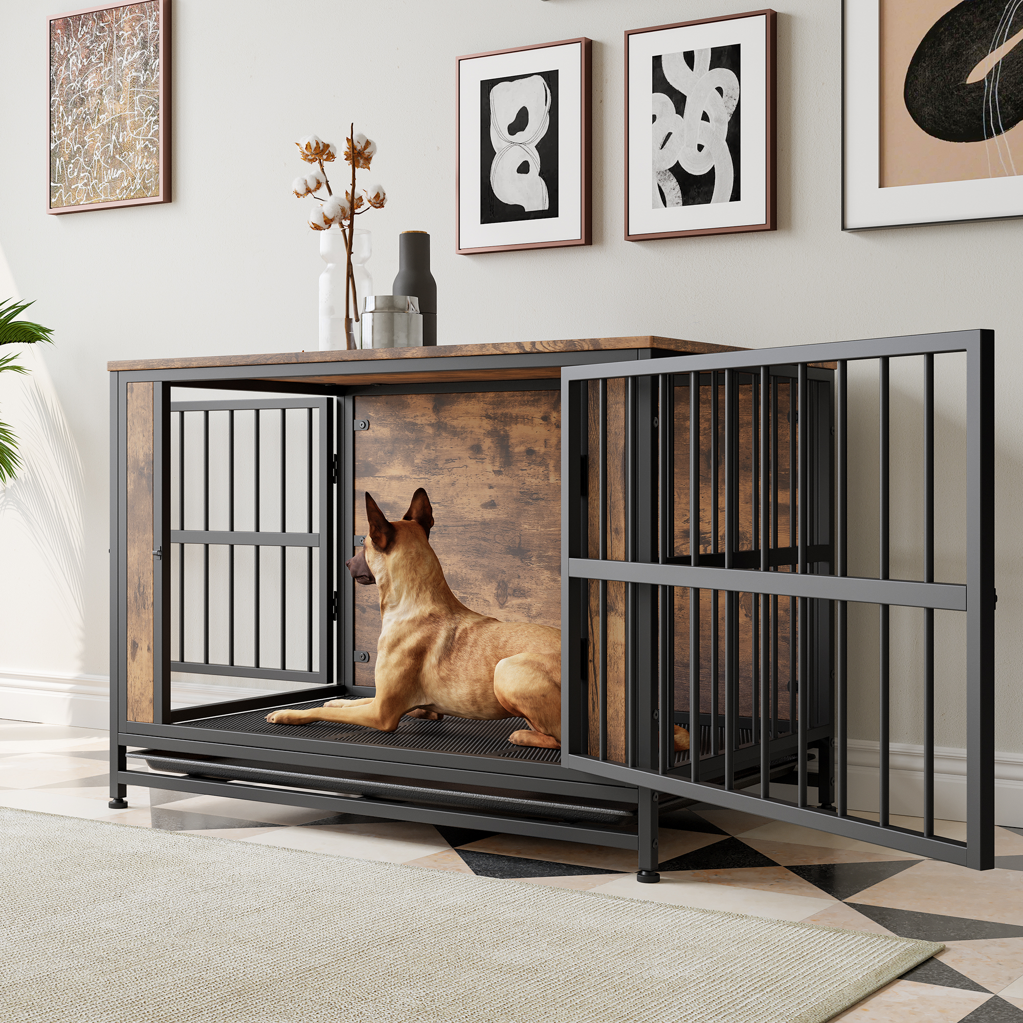 Dog Crate Furniture,  Wooden Dog Crate Table, 38.9" Dog Kennel with 2 Sliding Doors and Thick Iron Door Frame, Decorative Pet Crate House for Large/Medium/Small Dog Indoor Use(Rustic Brown) — foto 4