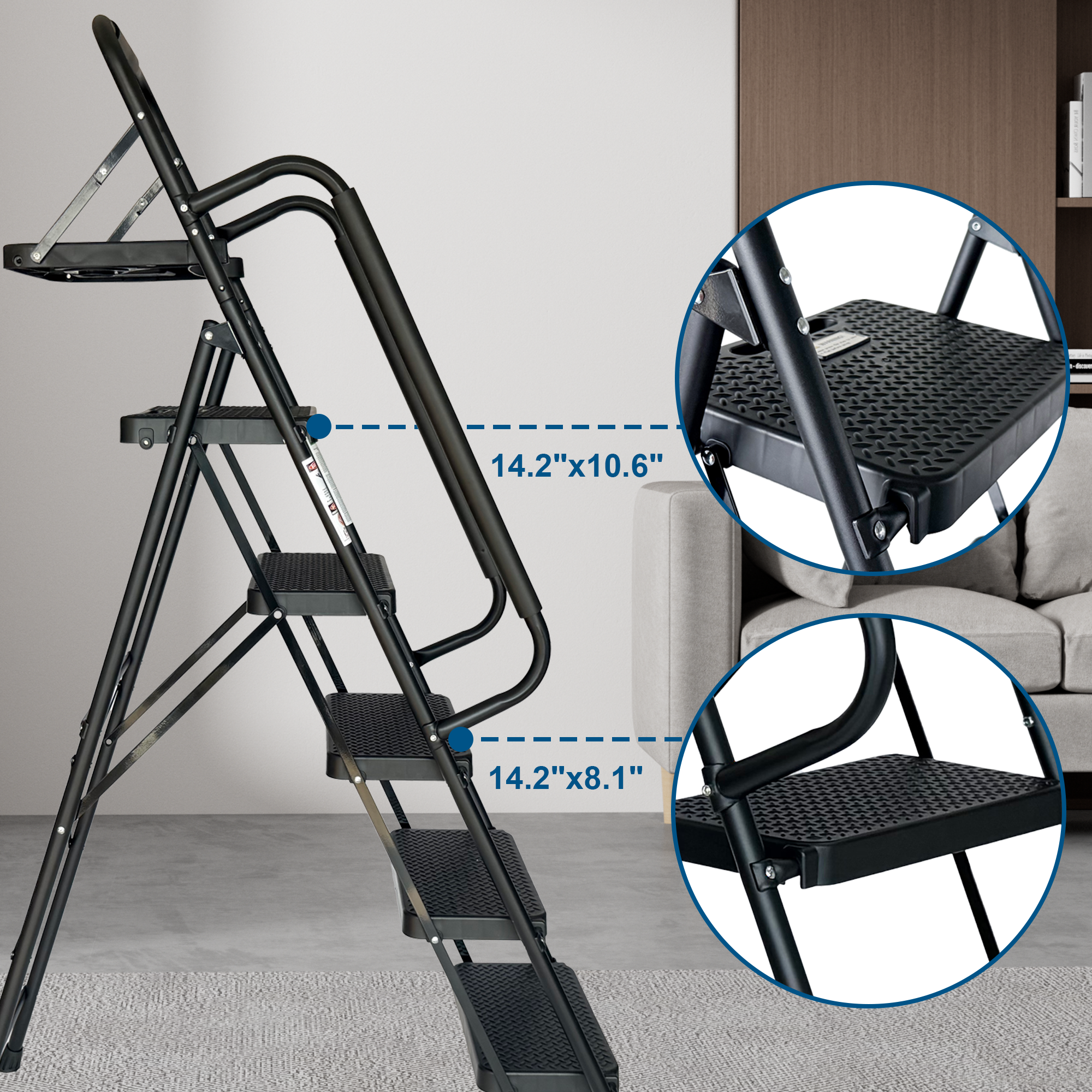 Step Ladder, Folding Step Stool with Wide Anti-Slip Pedal, Sturdy Steel Ladder, Convenient Handrail, Lightweight, Portable Steel Step Stool — foto 14