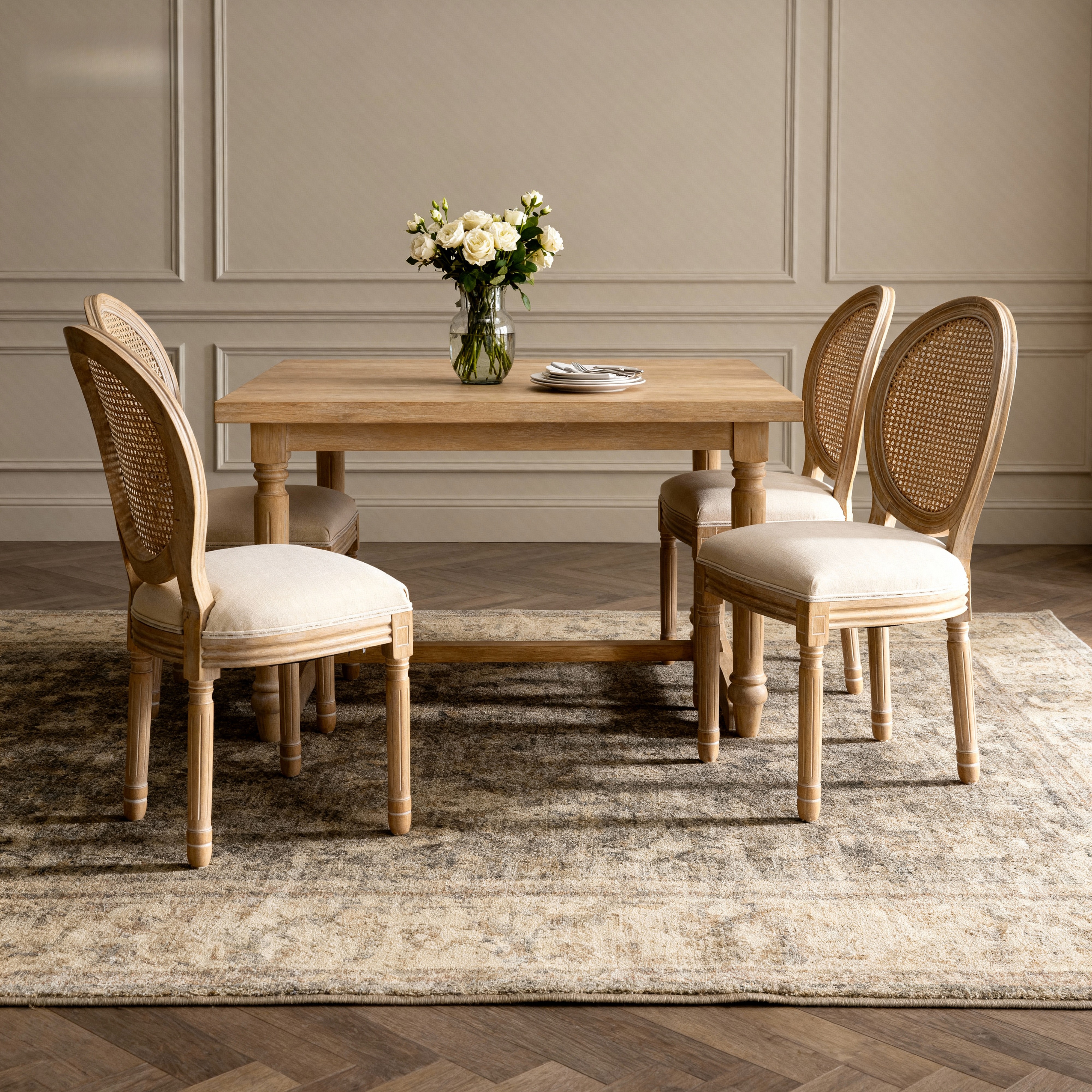 French Style Solid Wood Frame Linen Fabric Rattan Back Dining Chair,Set of 2, Beige — foto 3