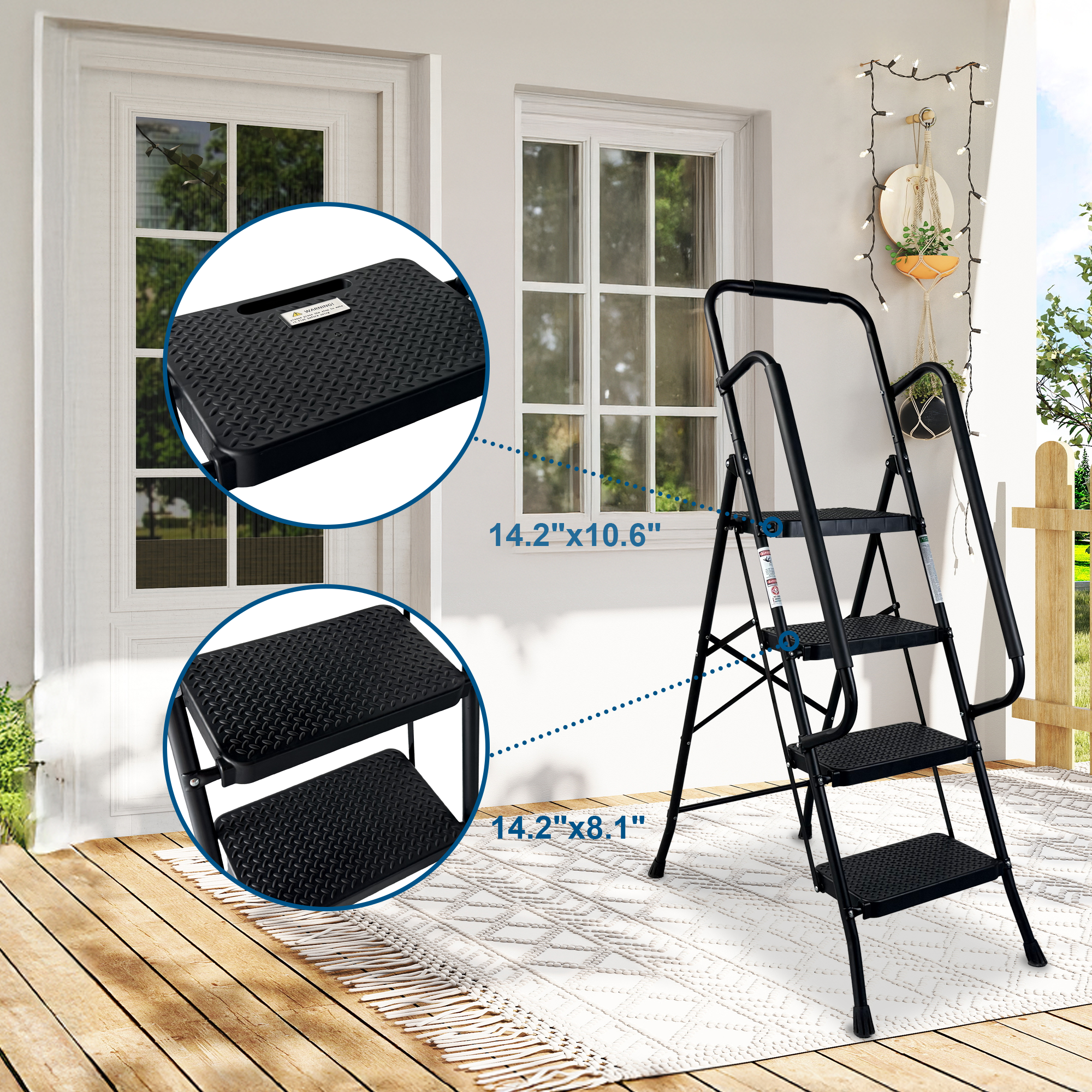 4 Step Ladder, Folding Step Stool with Wide Anti-Slip Pedal, Sturdy Steel Ladder, Convenient Handrail, Lightweight, Portable Steel Step Stool