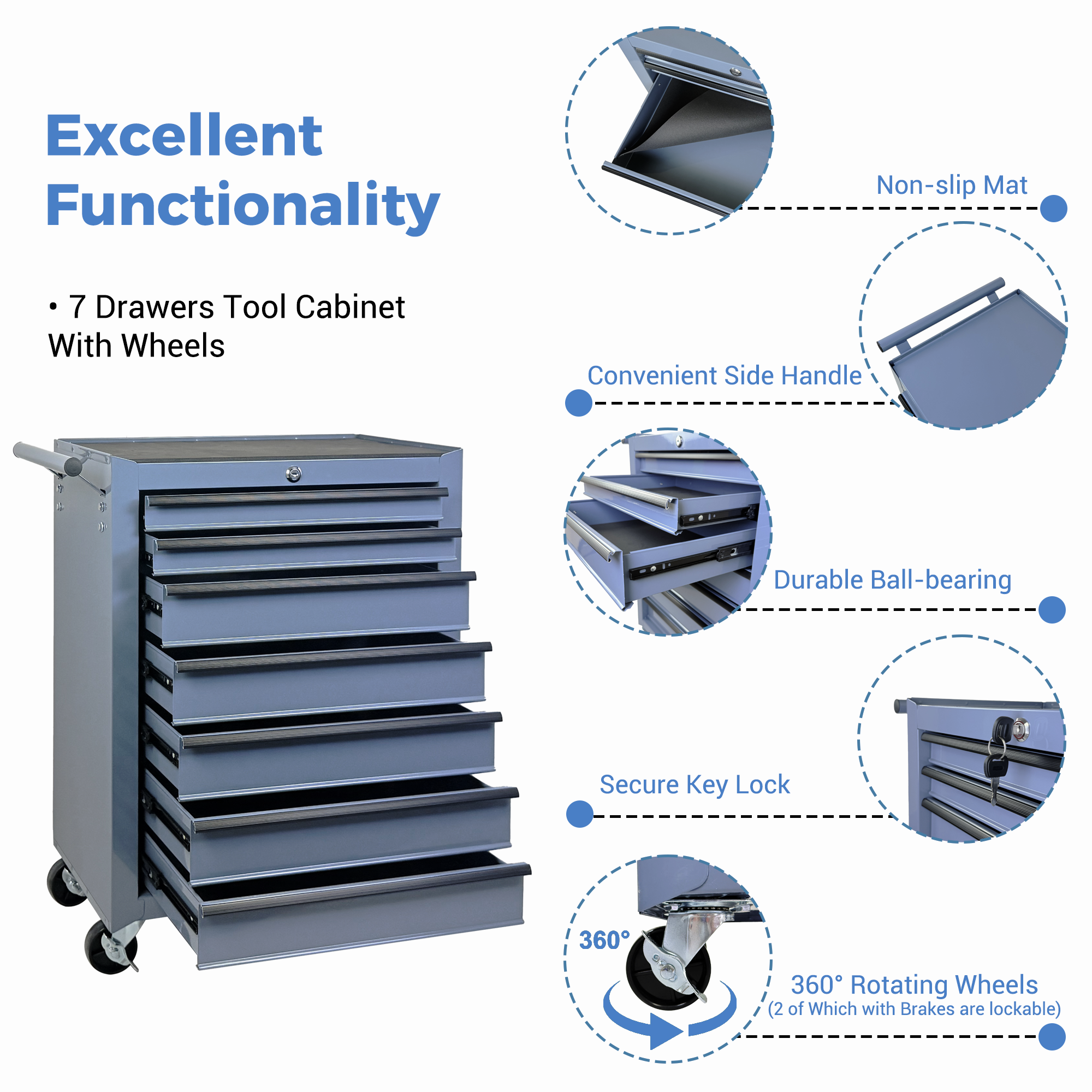 Rolling Metal Tool Chest with 7 Drawers, 20" 7-Drawer Tool Chest Cabinet with Ball Bearing Drawer Slides, Steel Tool Storage Box Organizer -GREY — foto 7