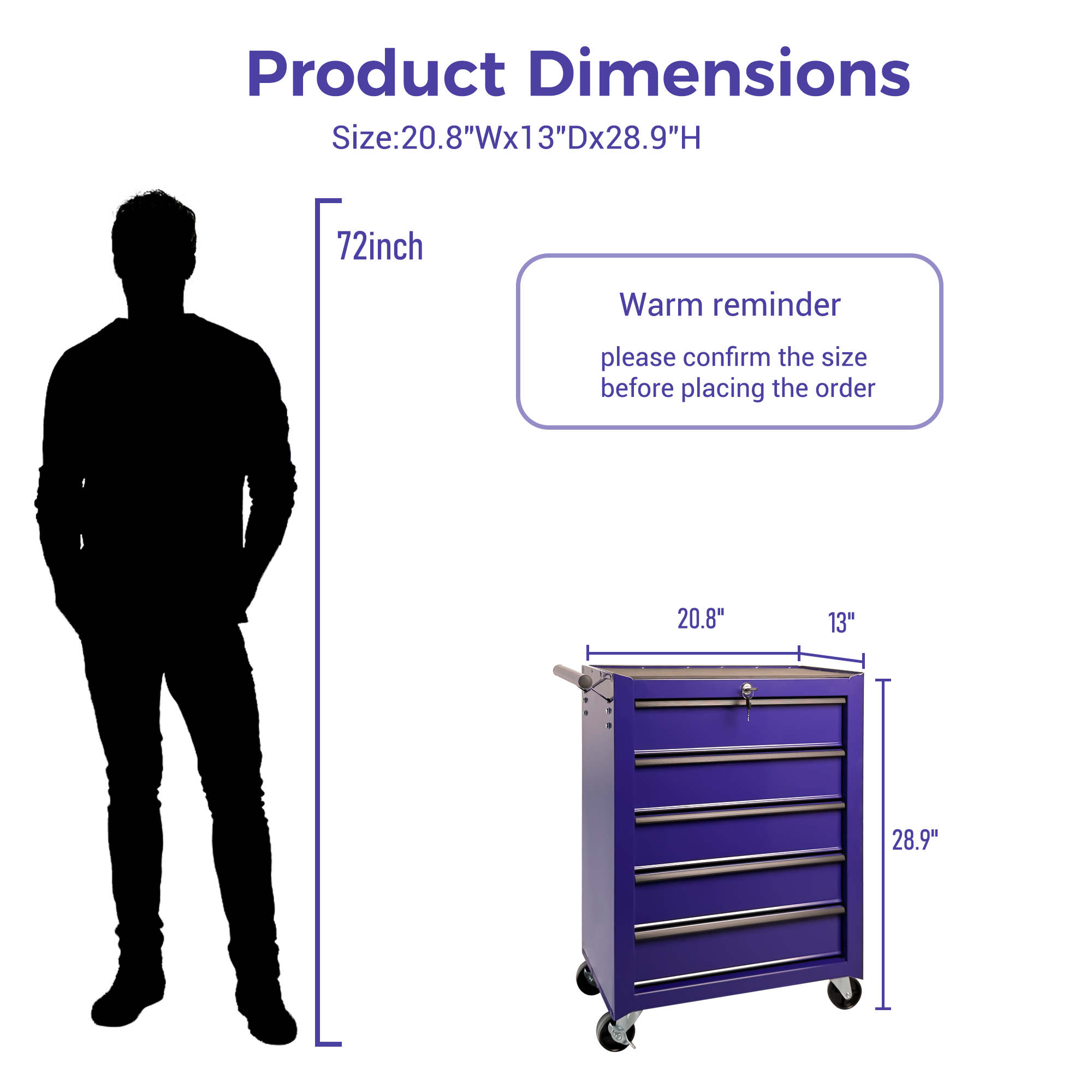Rolling Metal Tool Chest with 5 Drawers, 20" 5-Drawer Tool Chest Cabinet with Ball Bearing Drawer Slides, Steel Tool Storage Box Organizer -PURPLE — foto 9