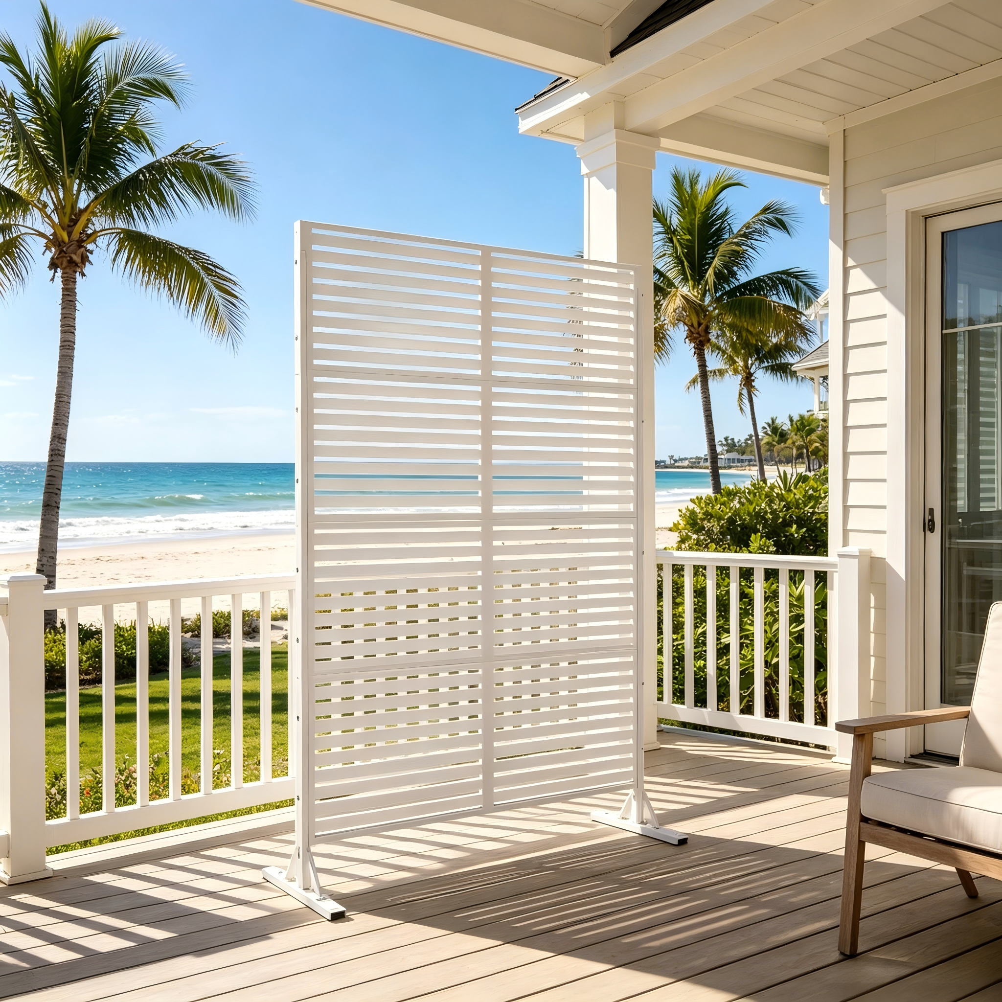 70.87" H × 46.06" W White Metal Privacy Screen, Freestanding Slatted Patio Divider Fence, Coastal & Beach House Decor, Indoor Room & Sunroom Partition, Kid Play Yard & Pet Safe Outdoor Deck Balcony Ba
